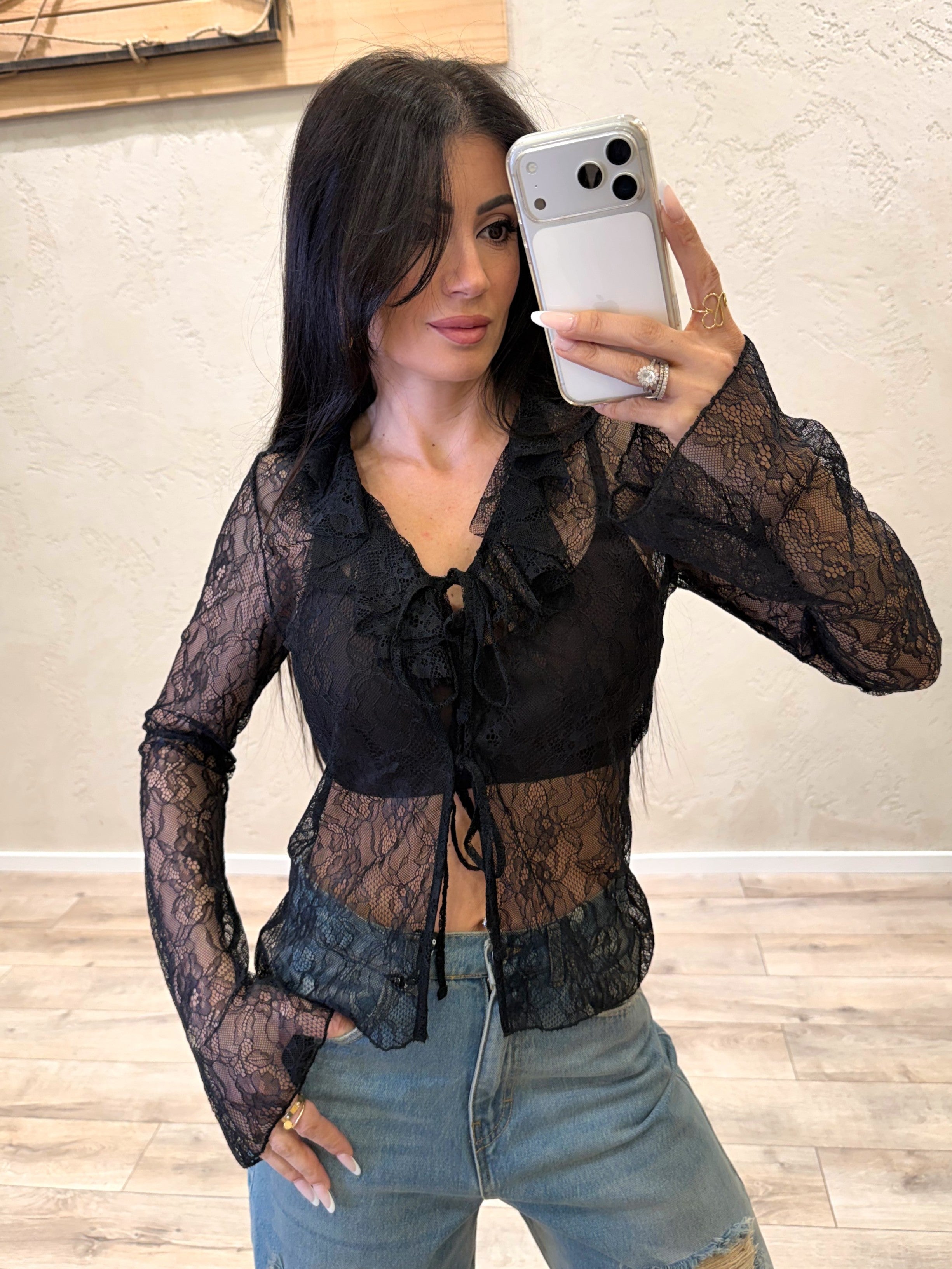 blusa in pizzo con rouges e lacci frontali TAB1521 NERO VICOLO 