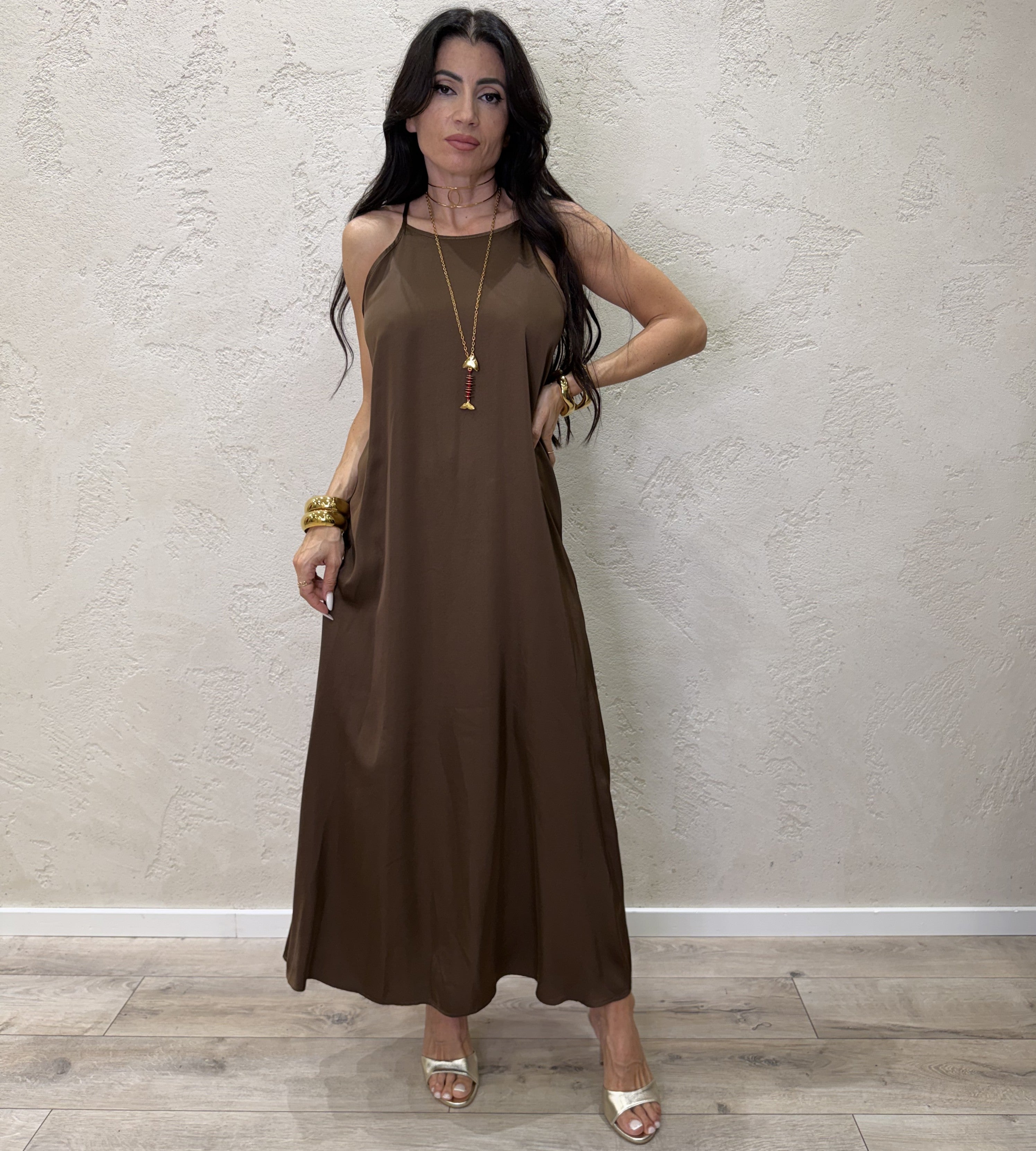 abito svasato in satin scollo all'americana TAB2585 FONDENTE VICOLO 