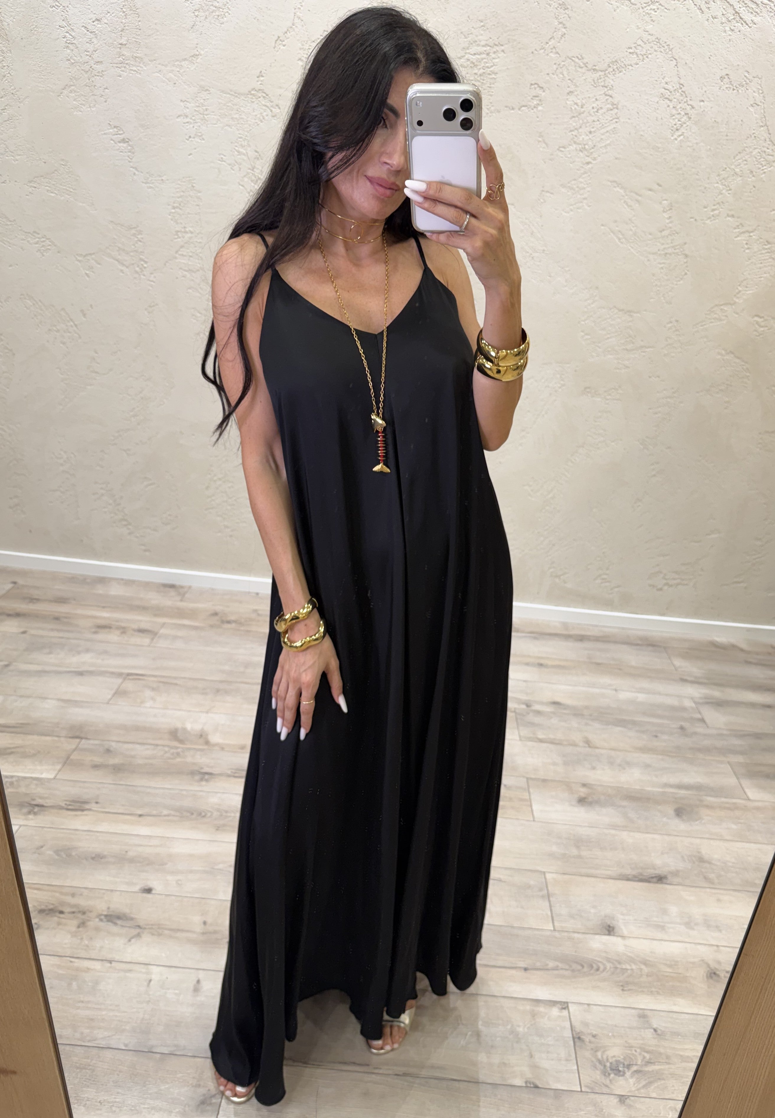 abito svasato in satin scollo a v TAB2587 NERO VICOLO 