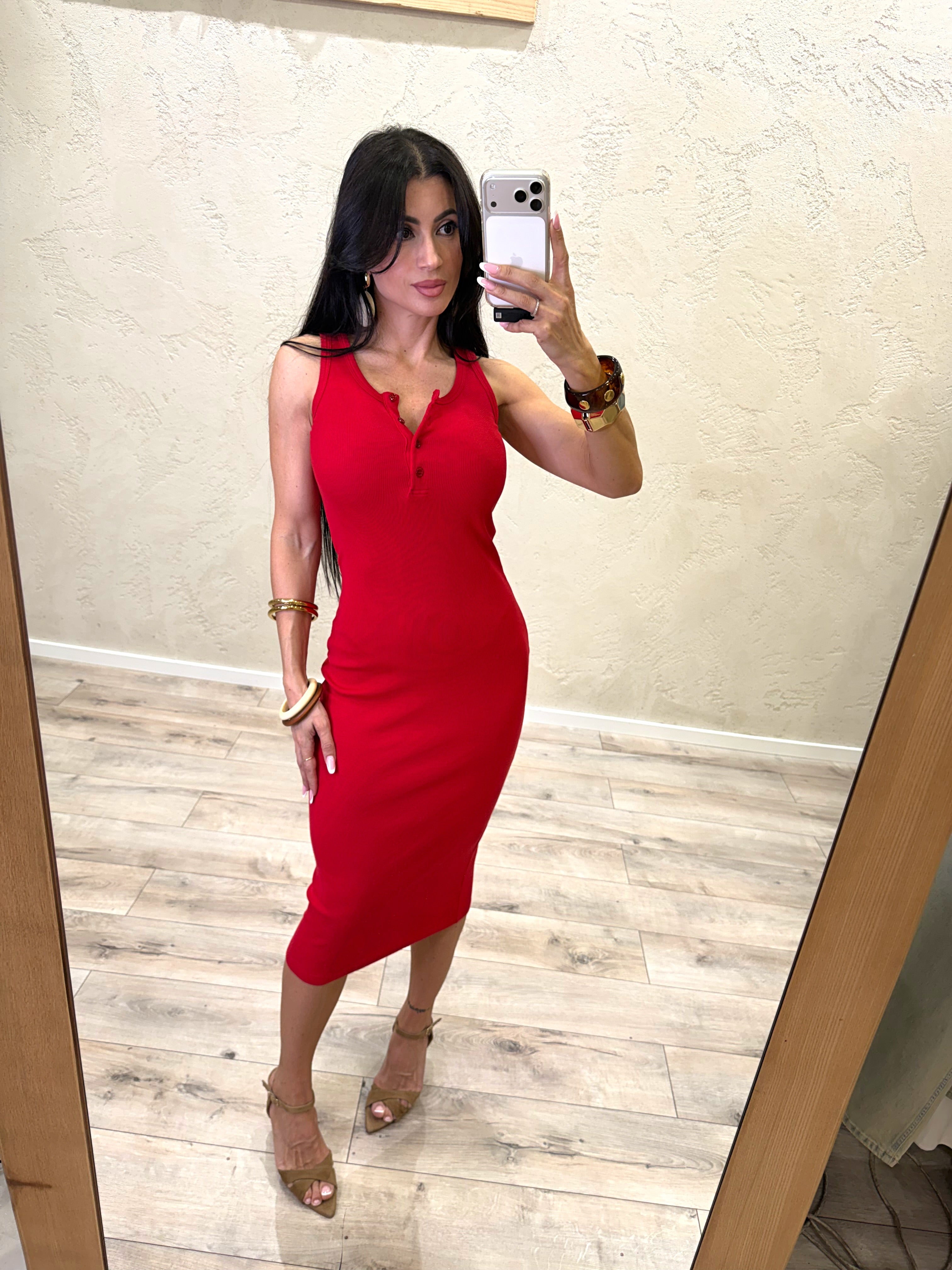 abito midi a costine con bottoncini UAB0343 ROSSO VICOLO 