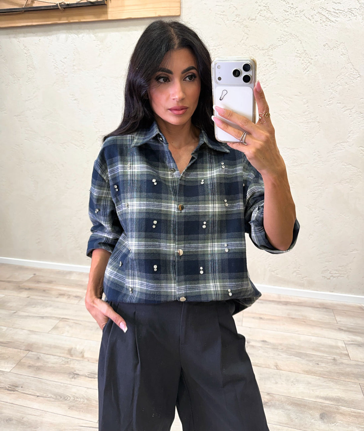 Camicia over Candem con applicazioni gioiello fantasia check