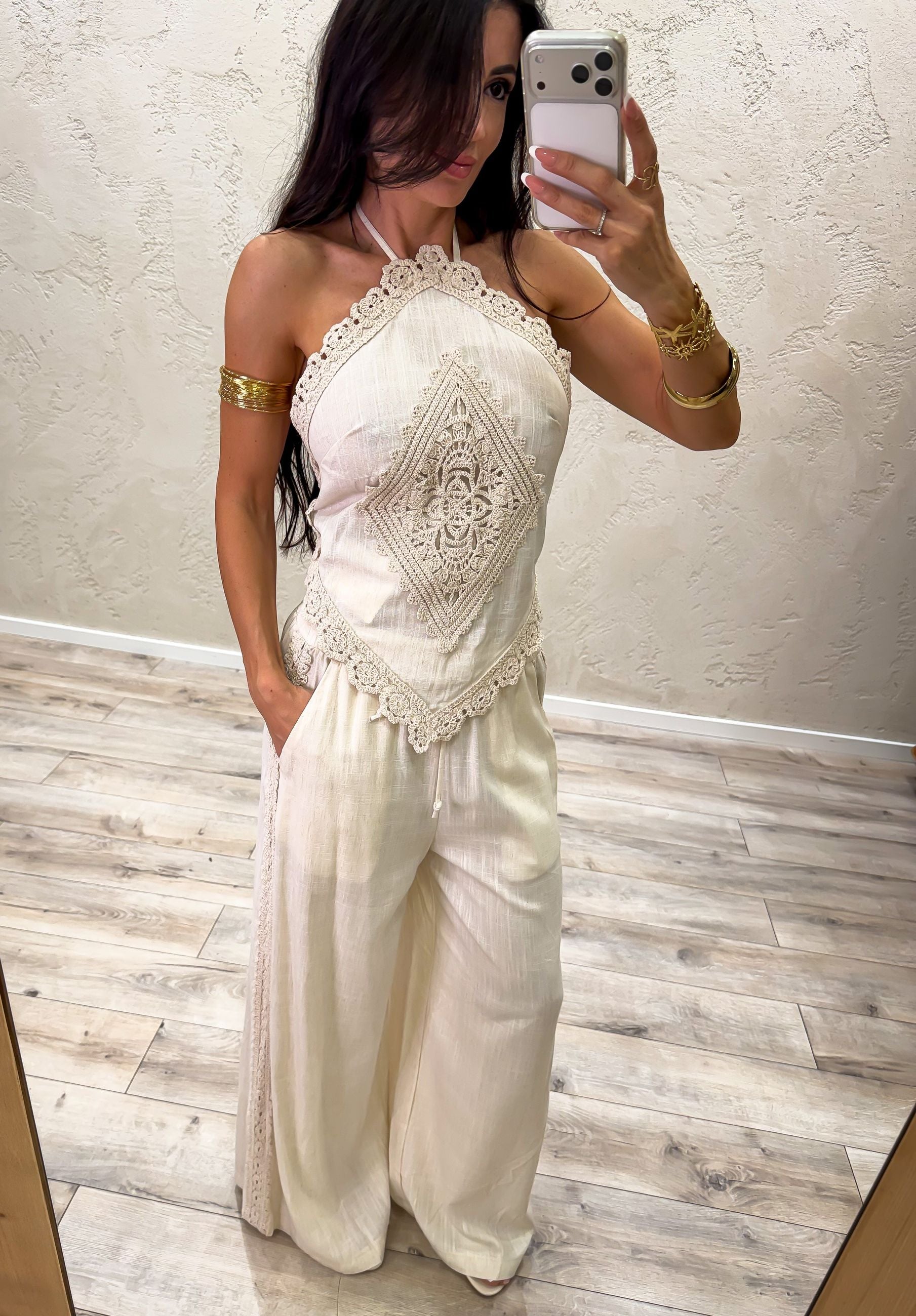 top "positano" in misto lino con inserti crochet