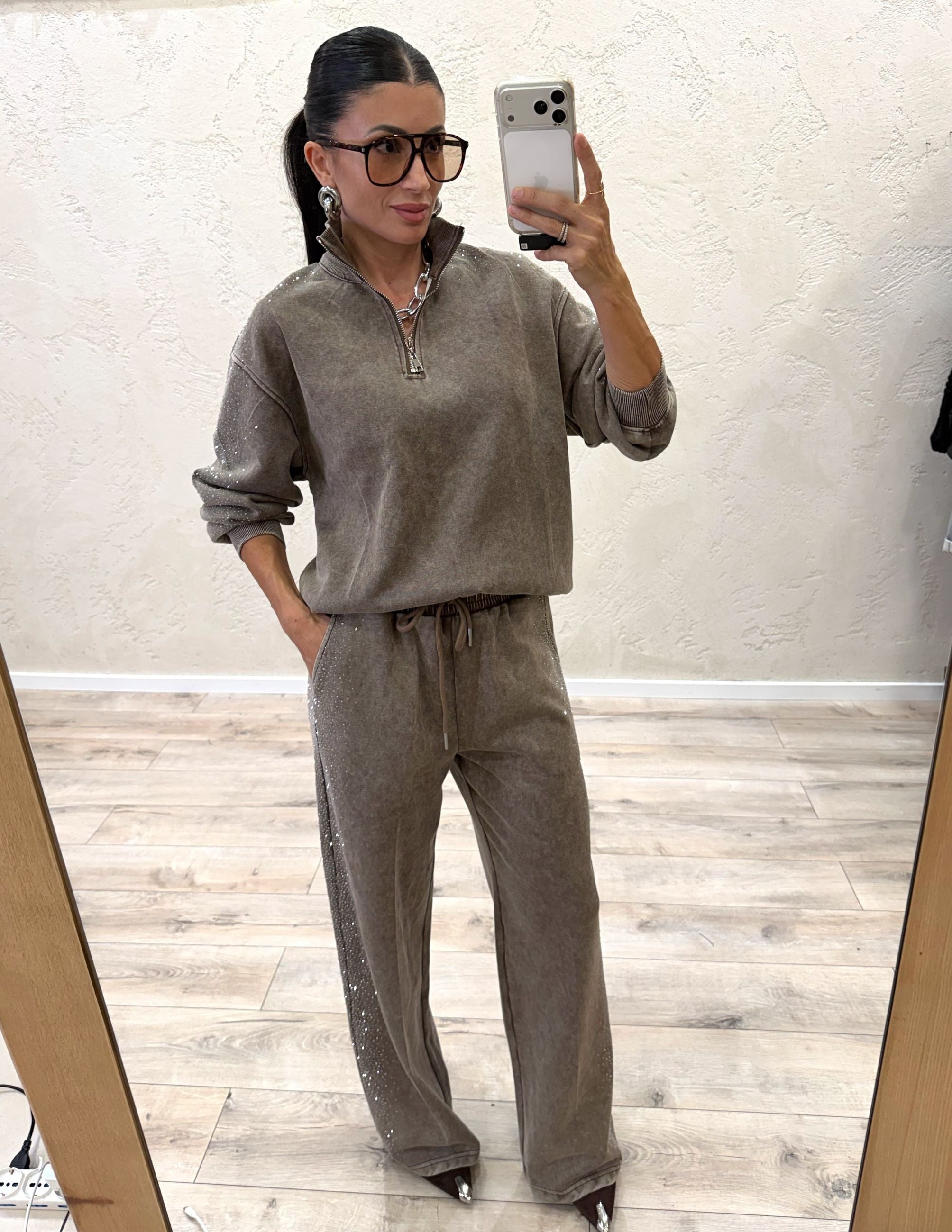 Felpa Dusty Shine mezza zip con strass