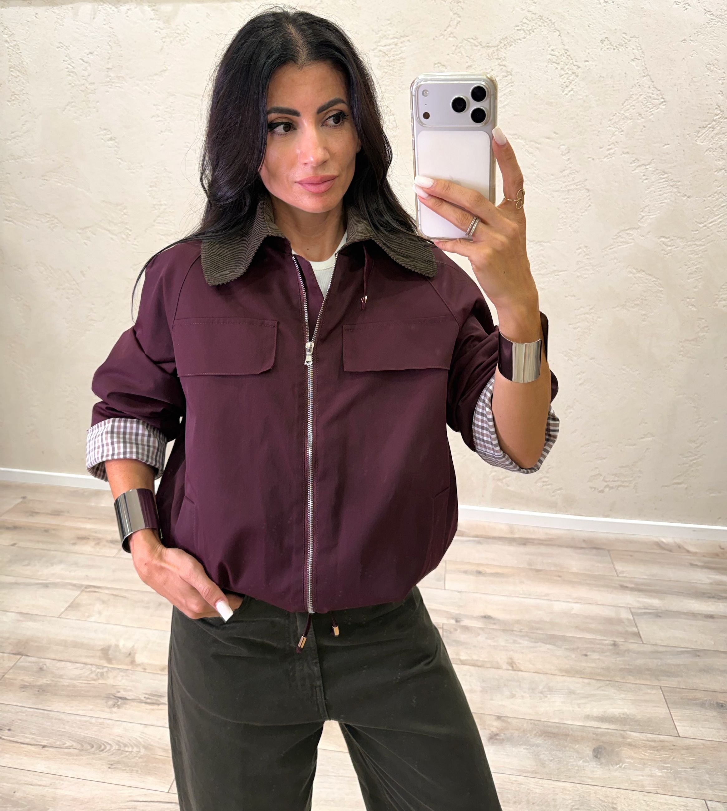 Trench a bomber con colletto in velluto a costine