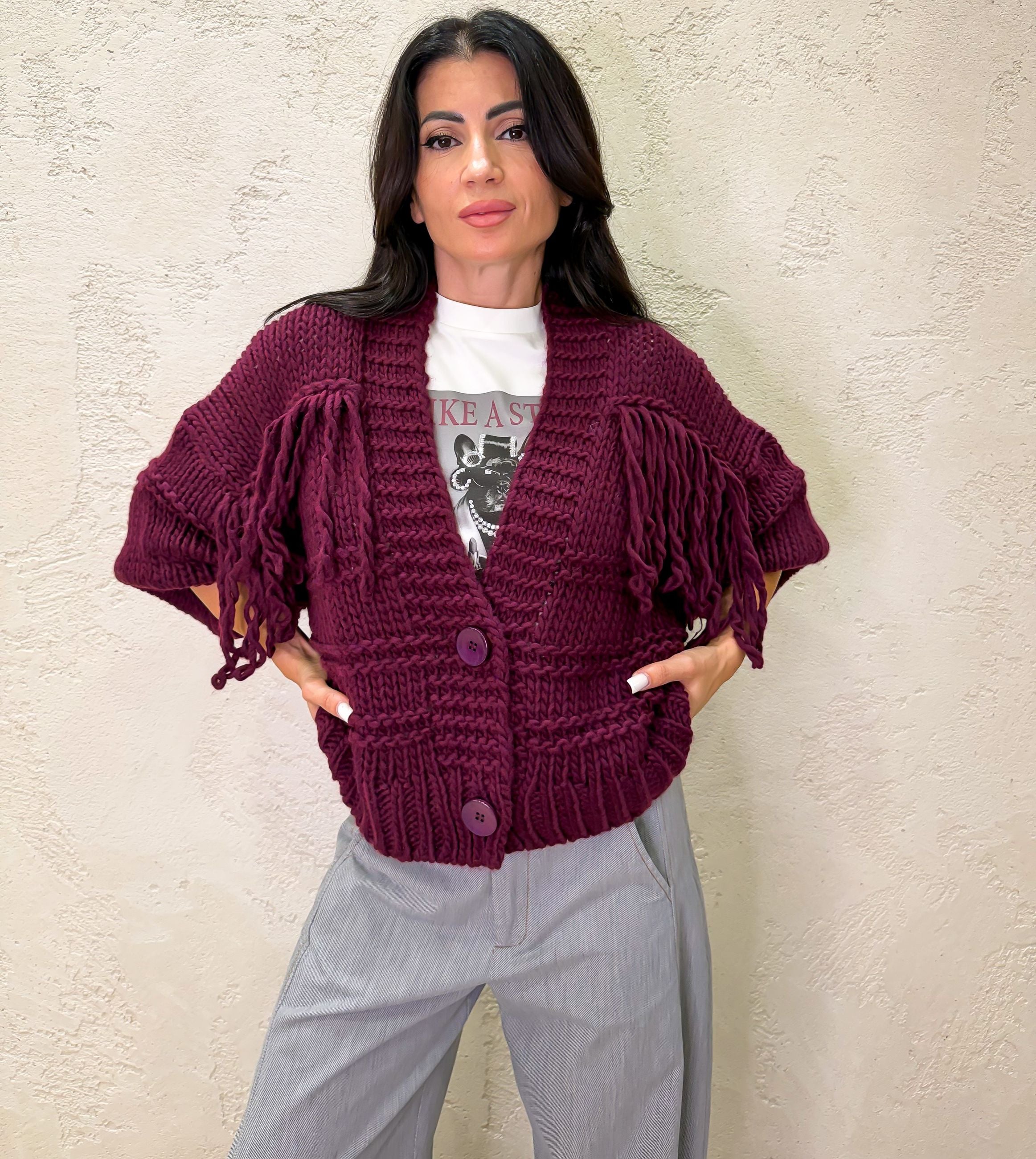 Cardigan in misto lana con frange