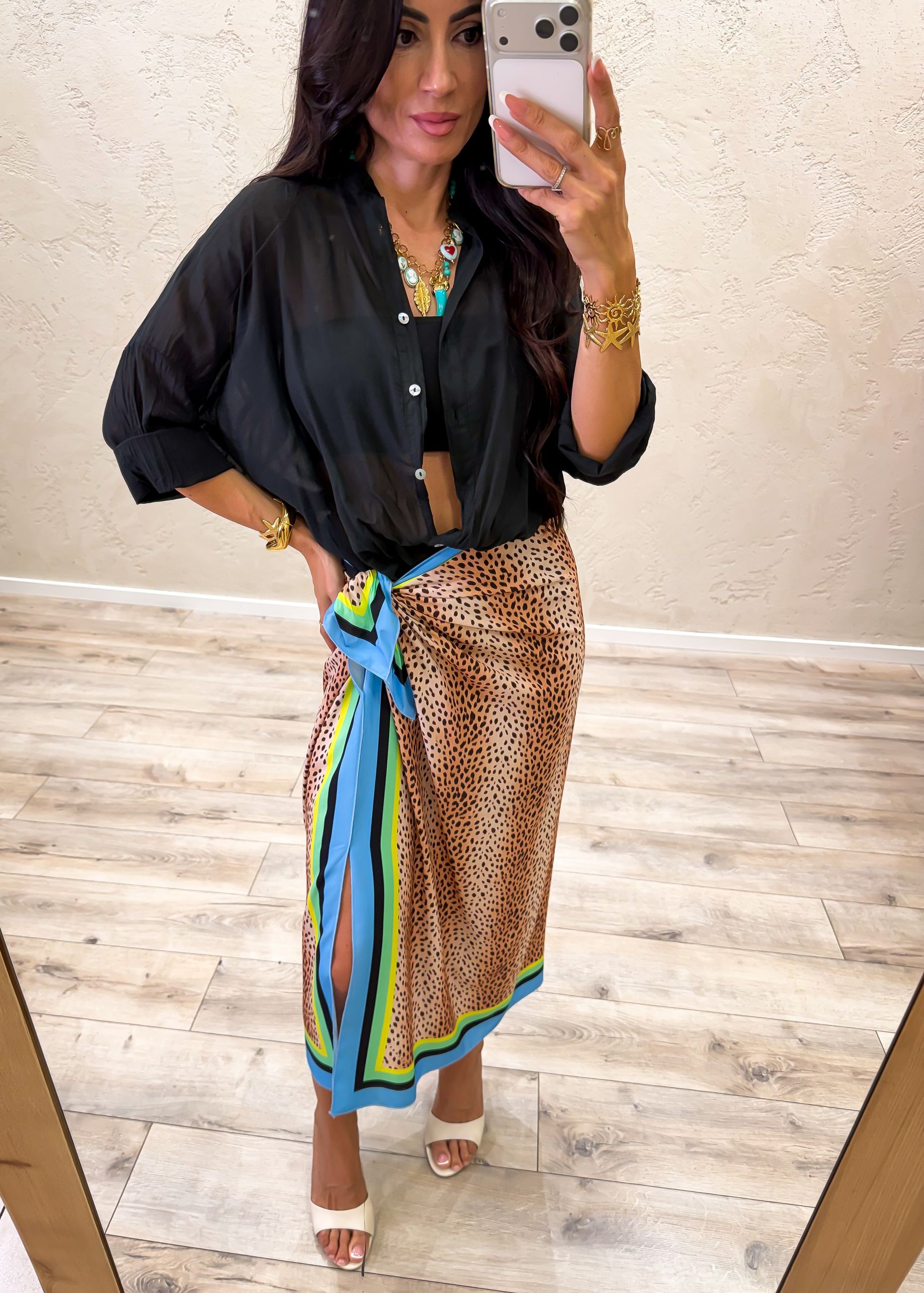 Gonna midi pareo a foulard Leopard Neon