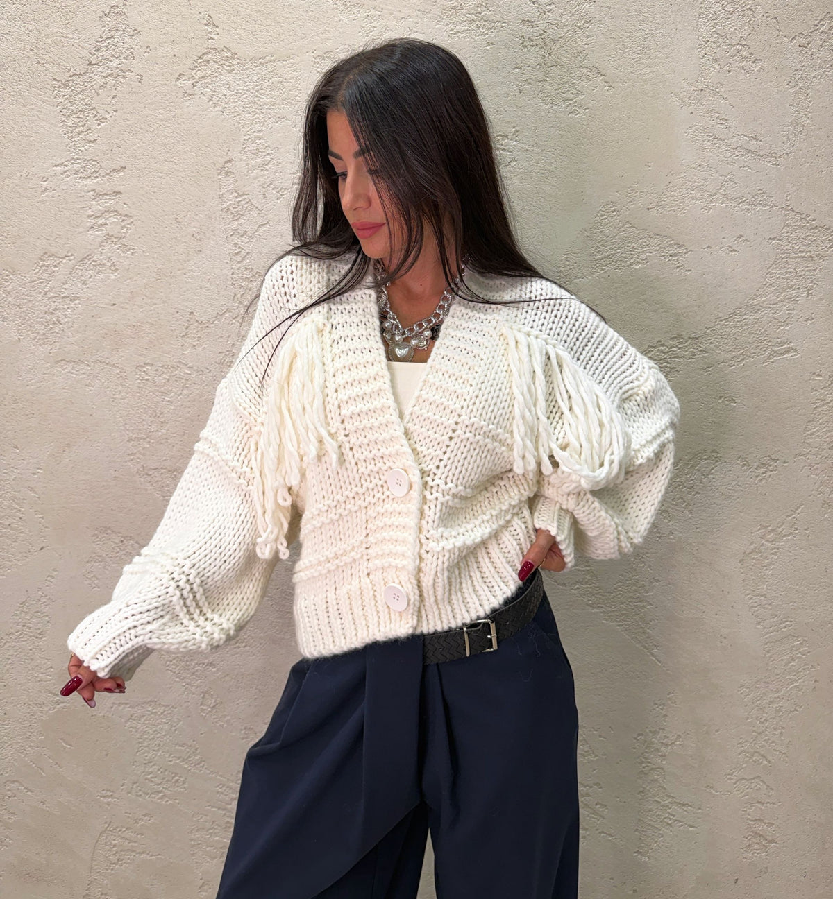 Cardigan in misto lana con frange