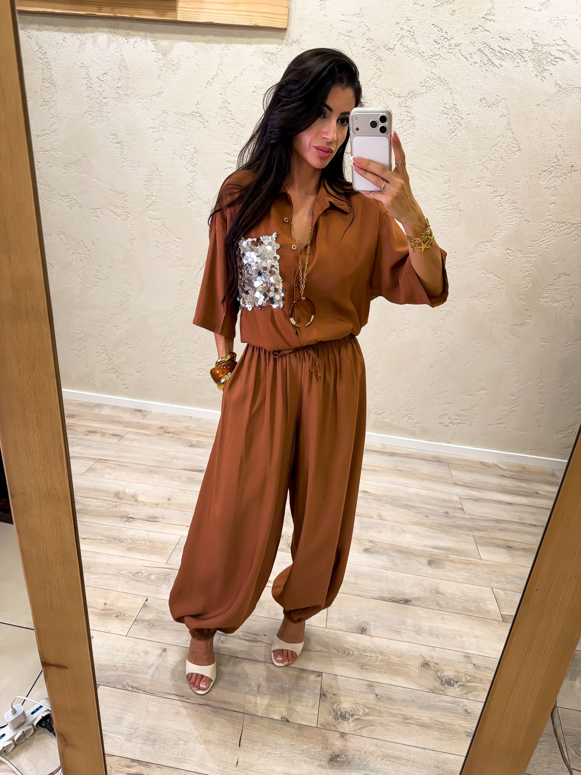 completo coordinato "aladin" camicia tasca pailettes e pantalone a palloncino
