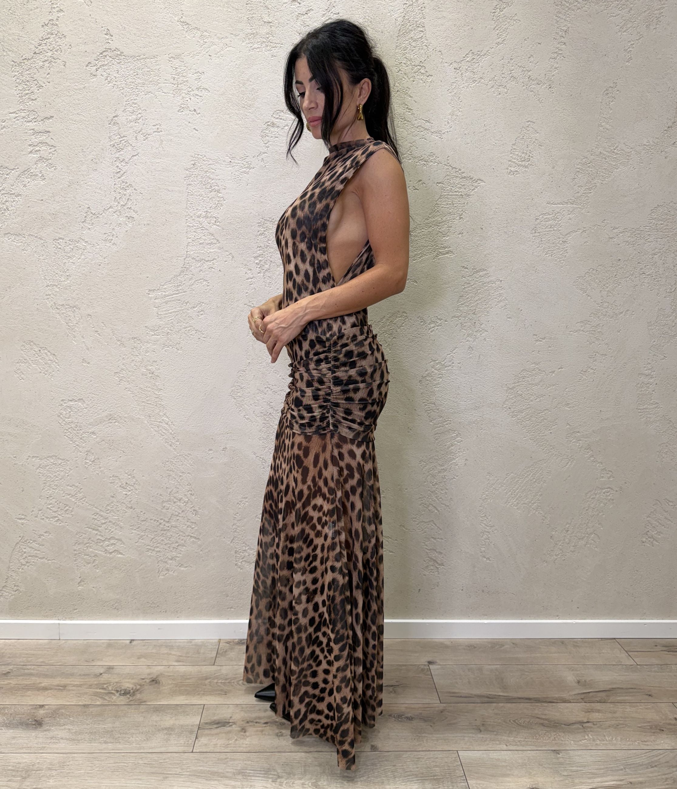 Abito lungo Leopard Chic in tulle maculato