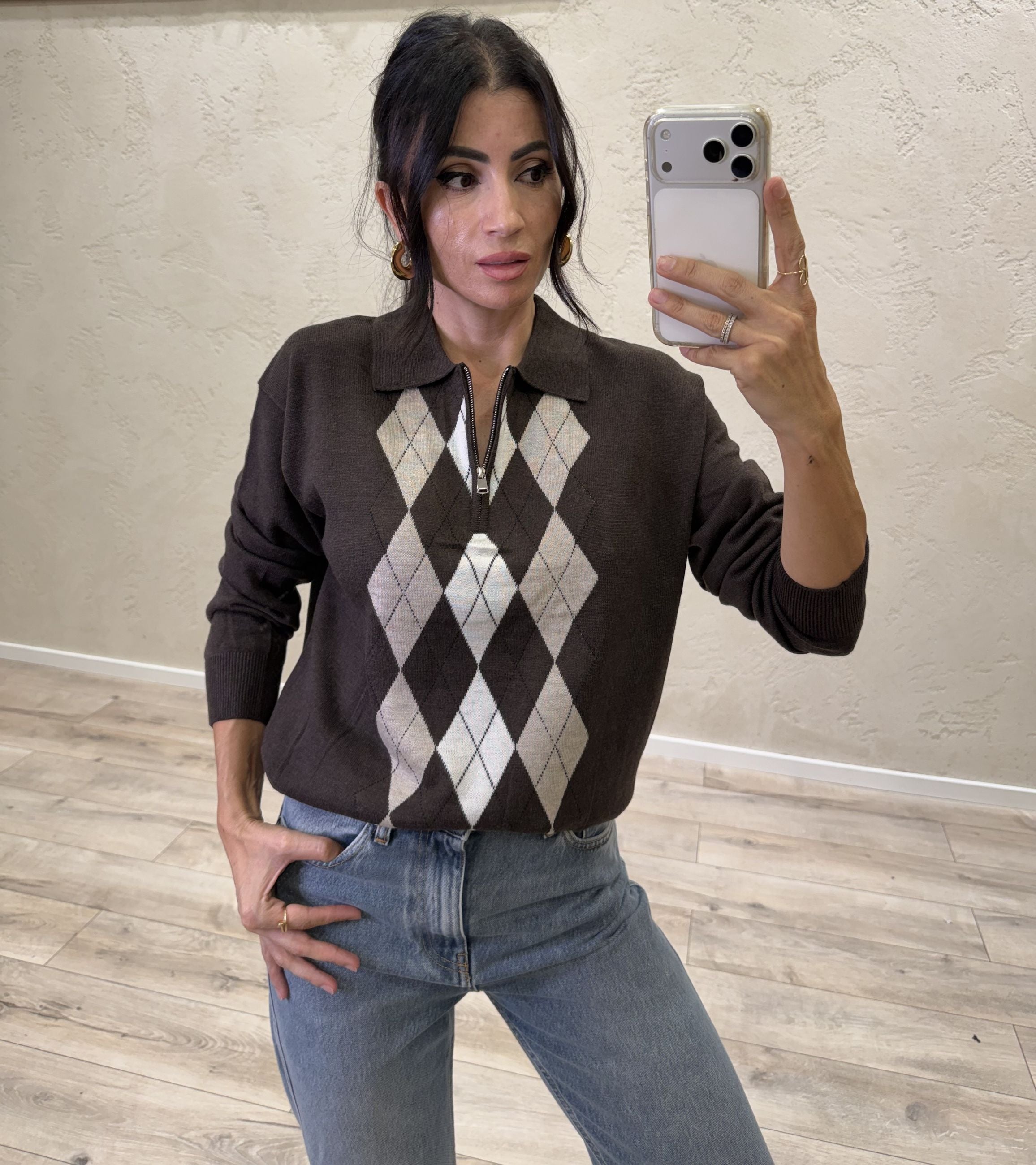 Maglia a polo in misto lana merino fantasia argyle