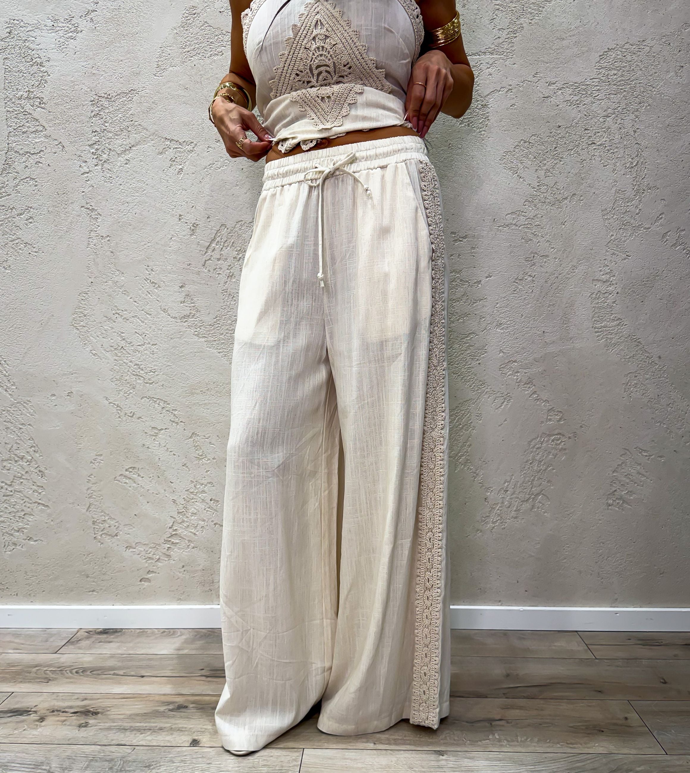 pantalone "positano" a palazzo in misto lino con inserti crochet
