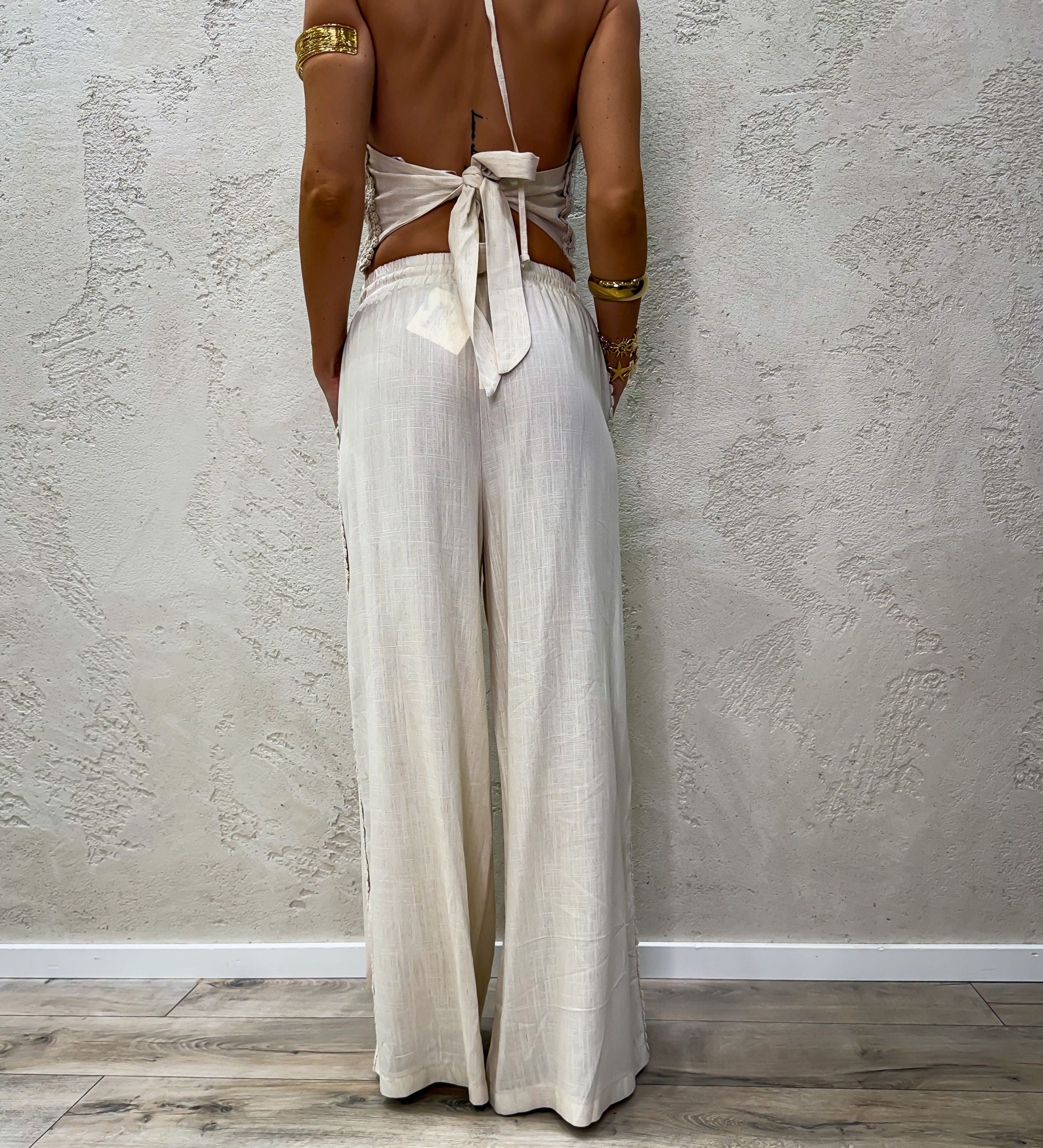 pantalone "positano" a palazzo in misto lino con inserti crochet