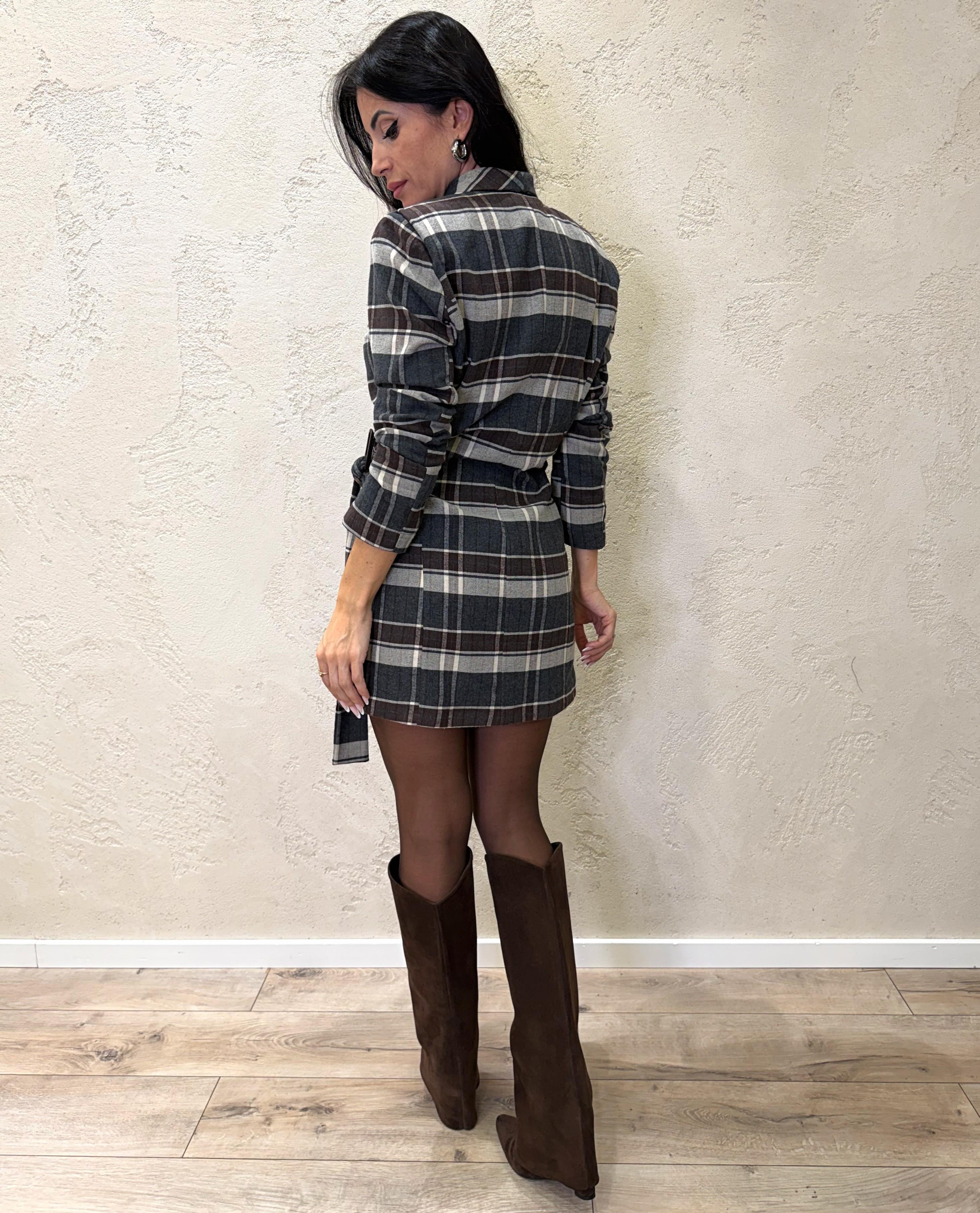 abito mini a portafoglio in fantasia check 26V1396 GRIGIO/MORO MOTEL 