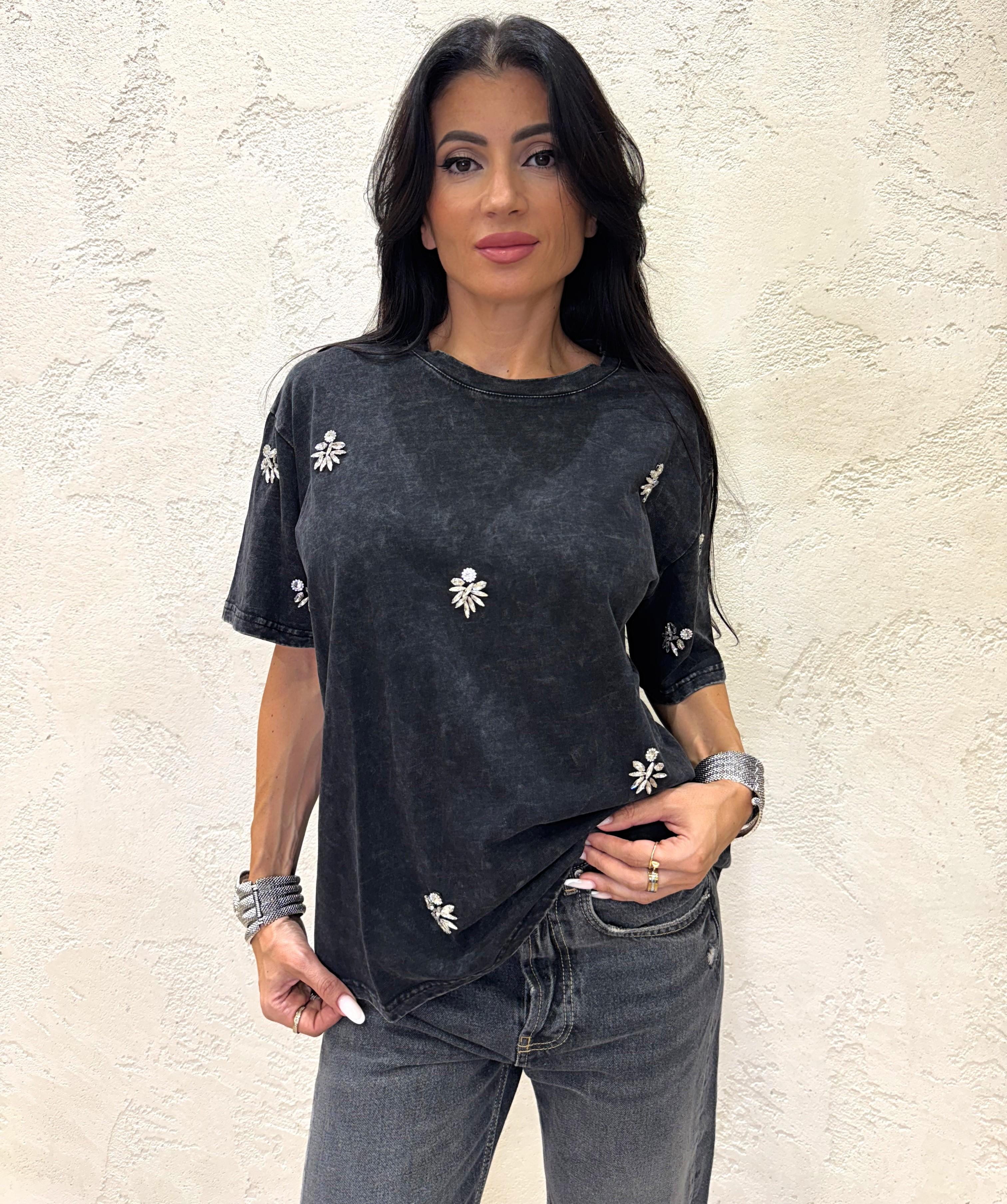 t-shirt con applicazioni gioiello KM7869 STONE WASHED SUSY MIX 