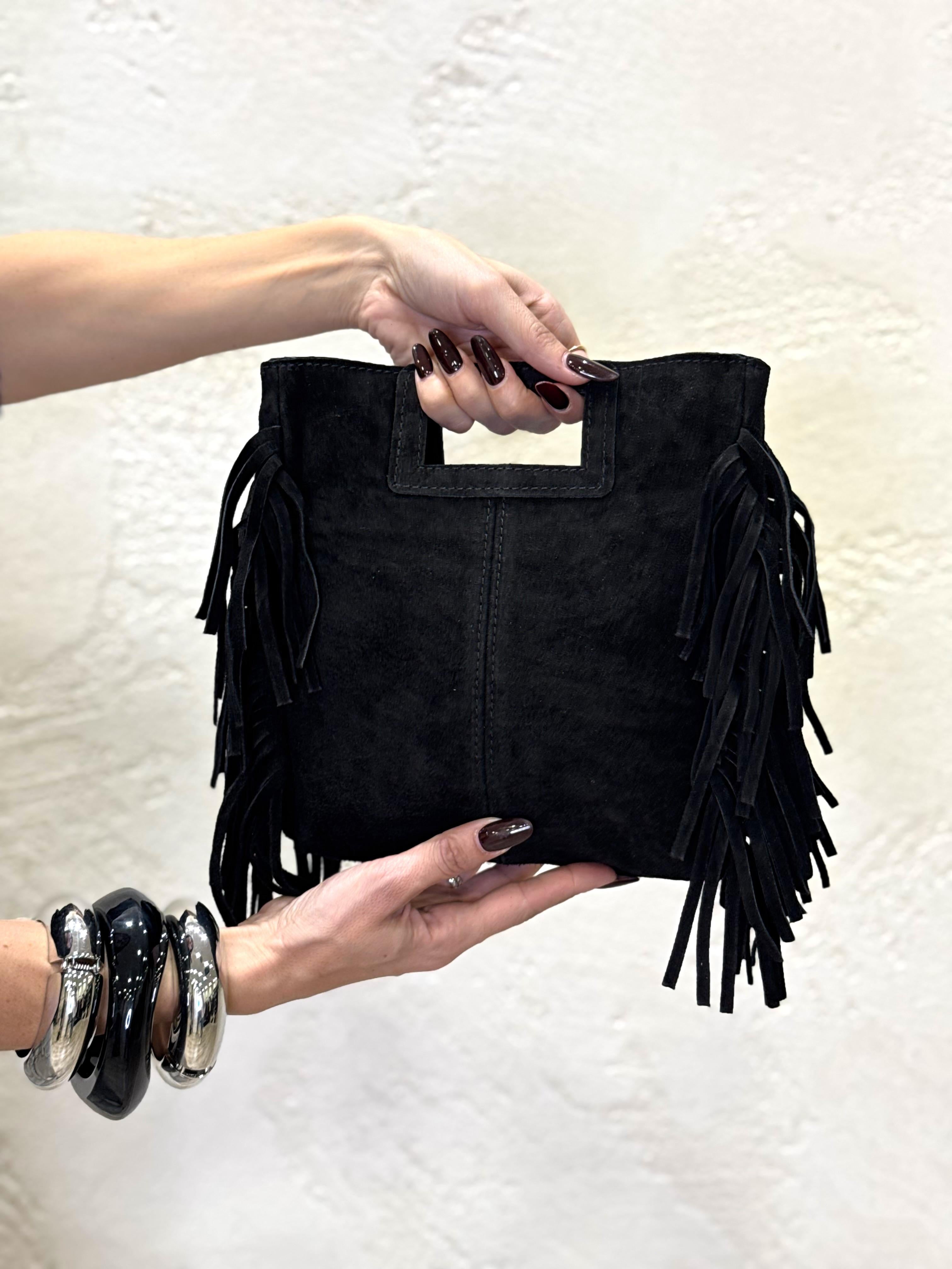 borsa a mano in vera pelle scamosciata con frange WCP-N090 NERO HAVEONE 