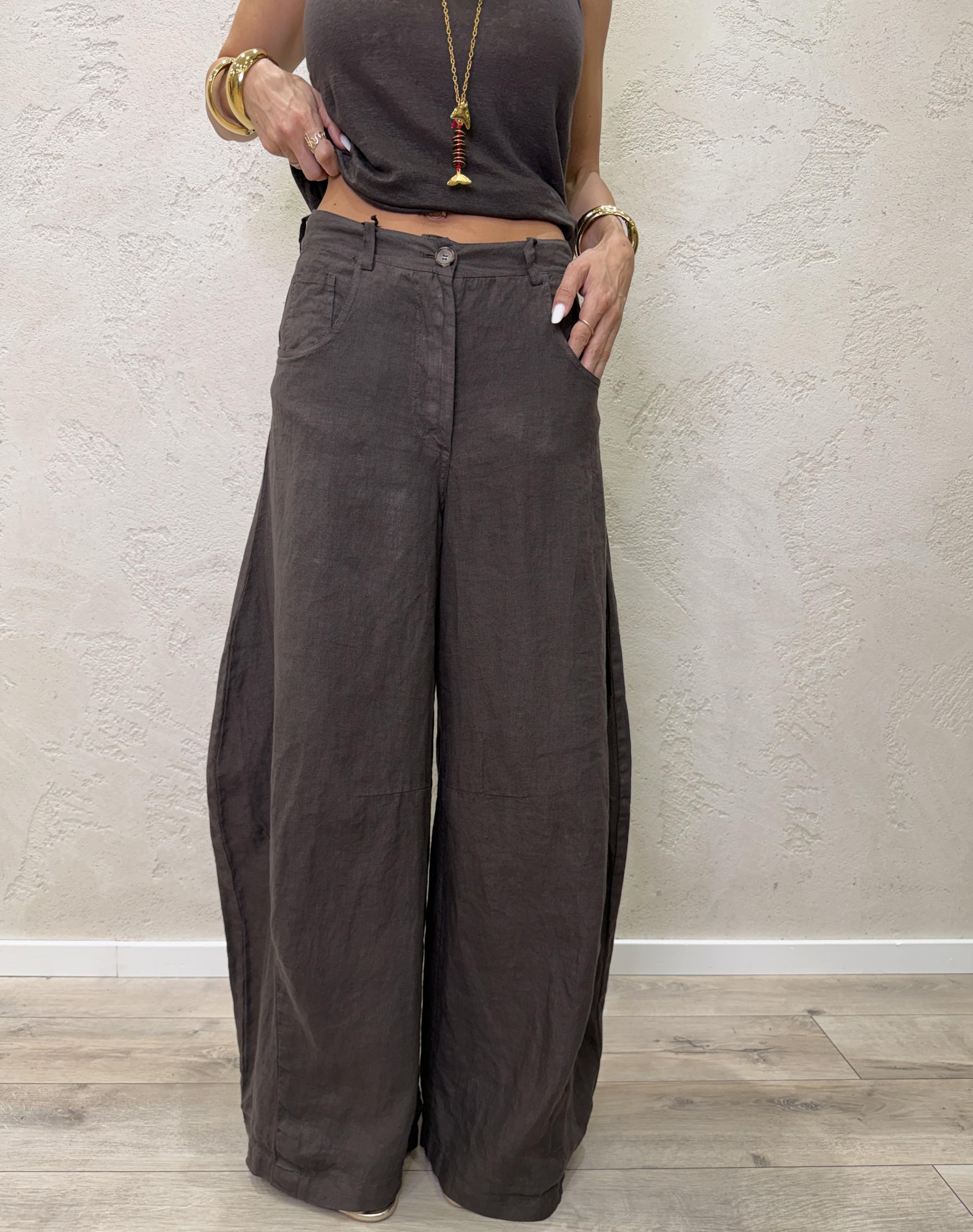 pantalone in puro lino modello luvre barrel fit S26PE64 MORO TENSIONE IN 