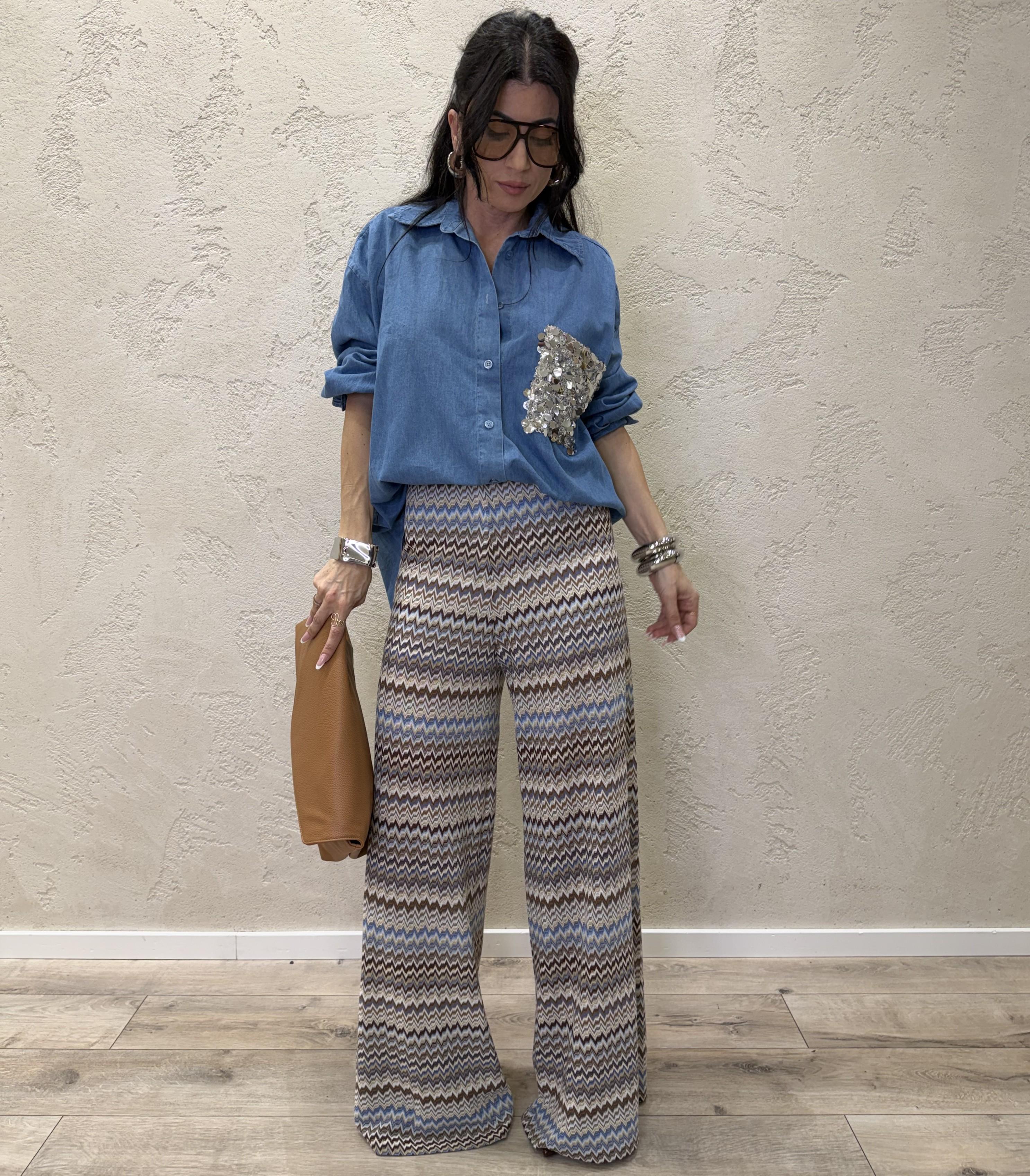camicia maxi in tessuto chambary con tasca pailettes PE260153 JEANS TENSIONE IN 