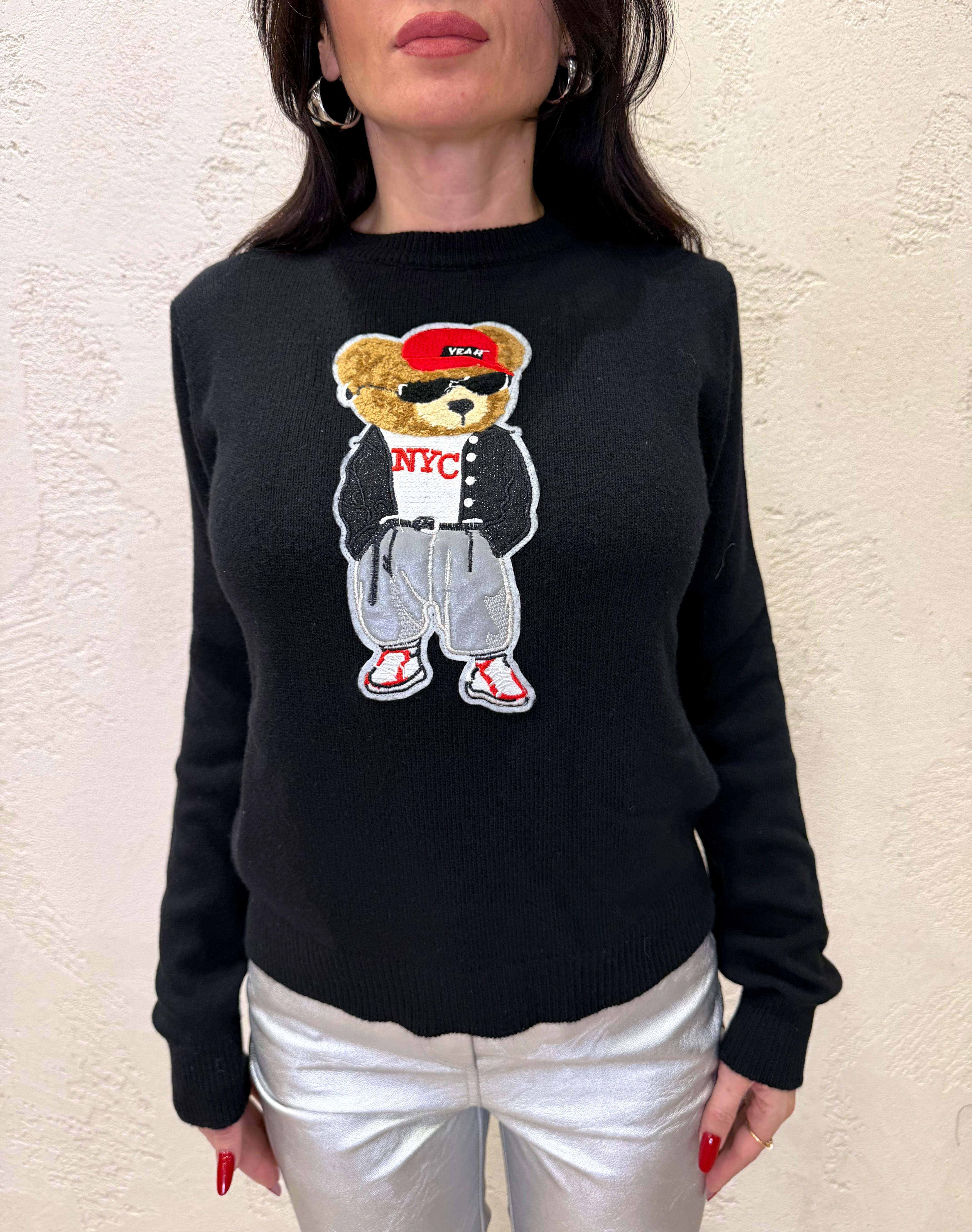 pull misto lana e cashmere con patch orso 77355 NERO VICOLO 
