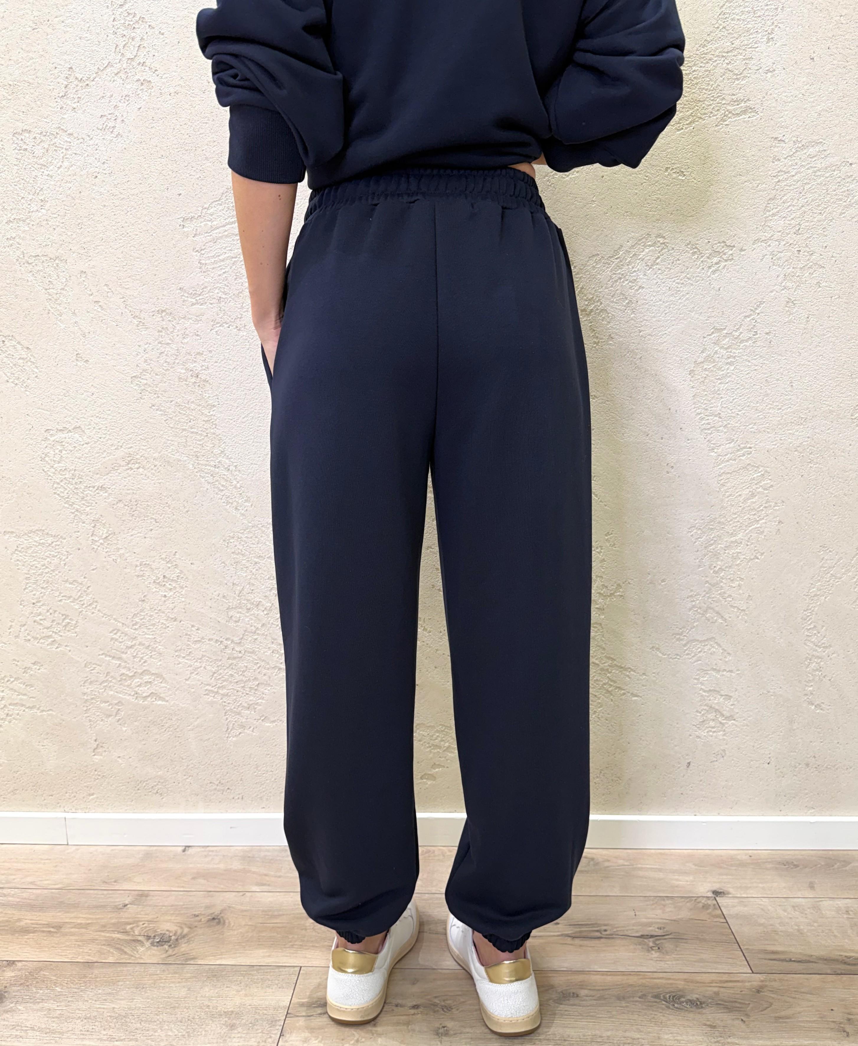 pantaloni di tuta garzata con stampa e polsini sul fondo 26P3971 BLU/PANNA TENSIONE IN 