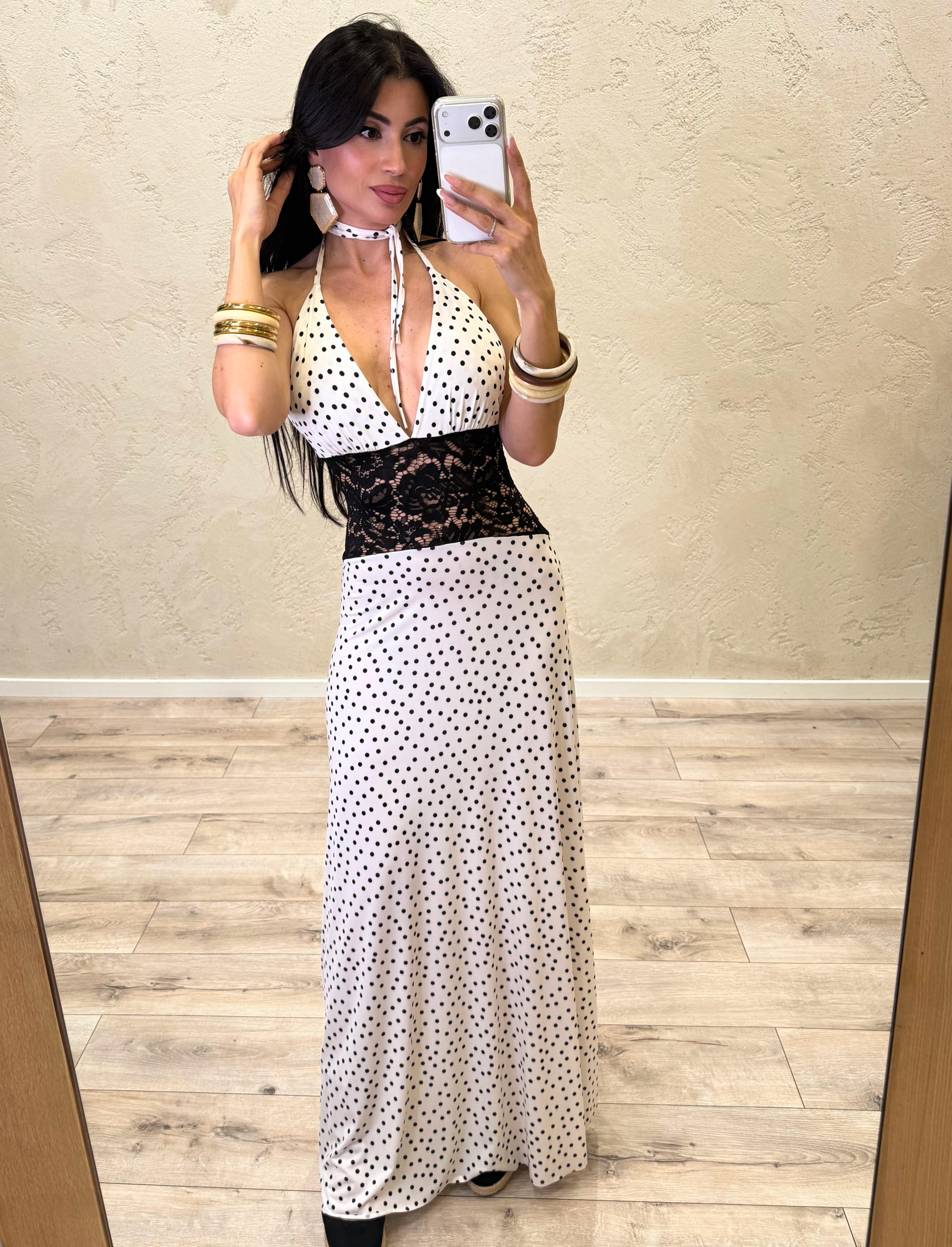 abito lungo a pois con inserto in pizzo A11969IT BIANCO/NERO SUSY MIX 