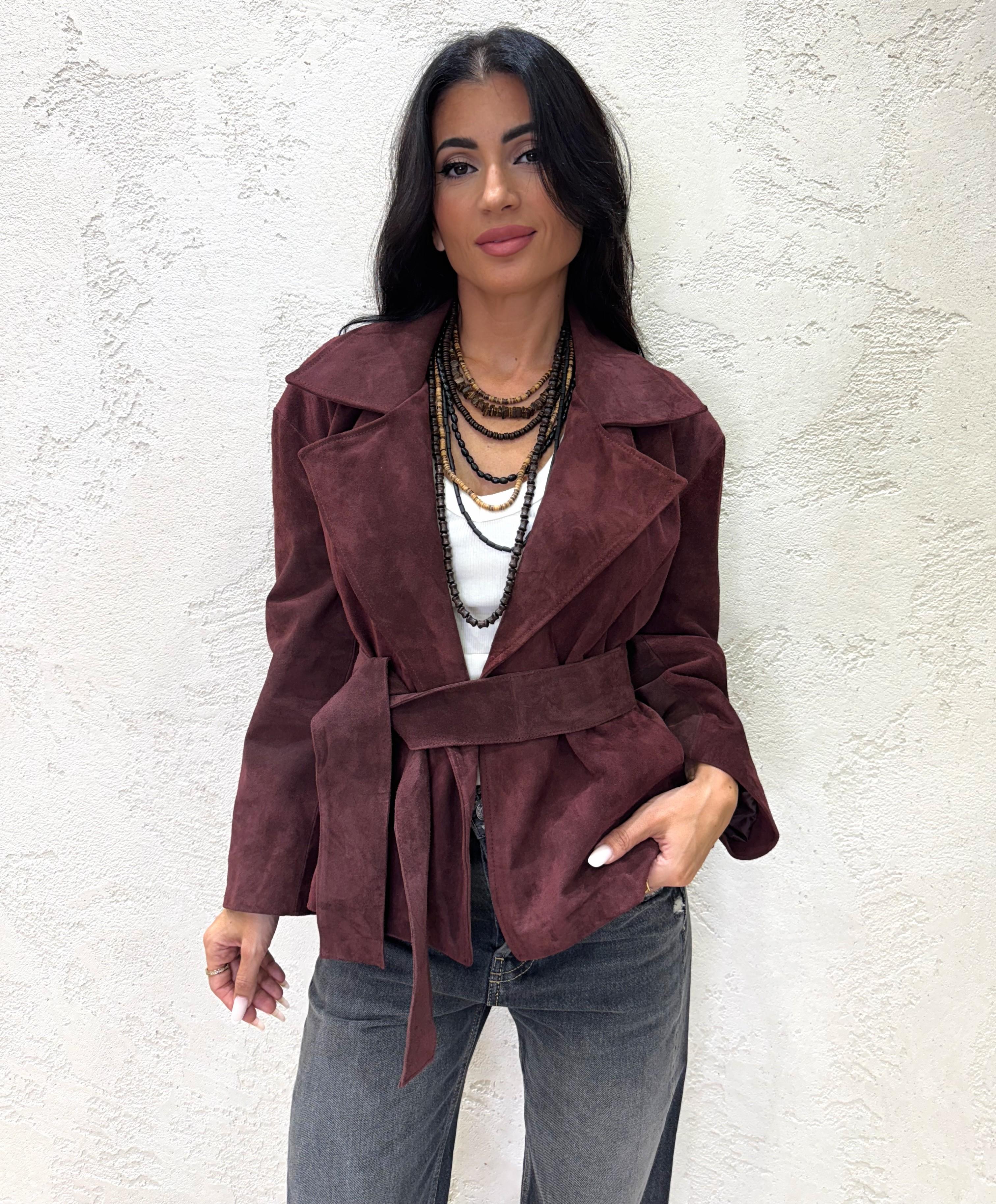 giubbino in vera pelle scamosciata con cintura TF0269 VINO VICOLO 