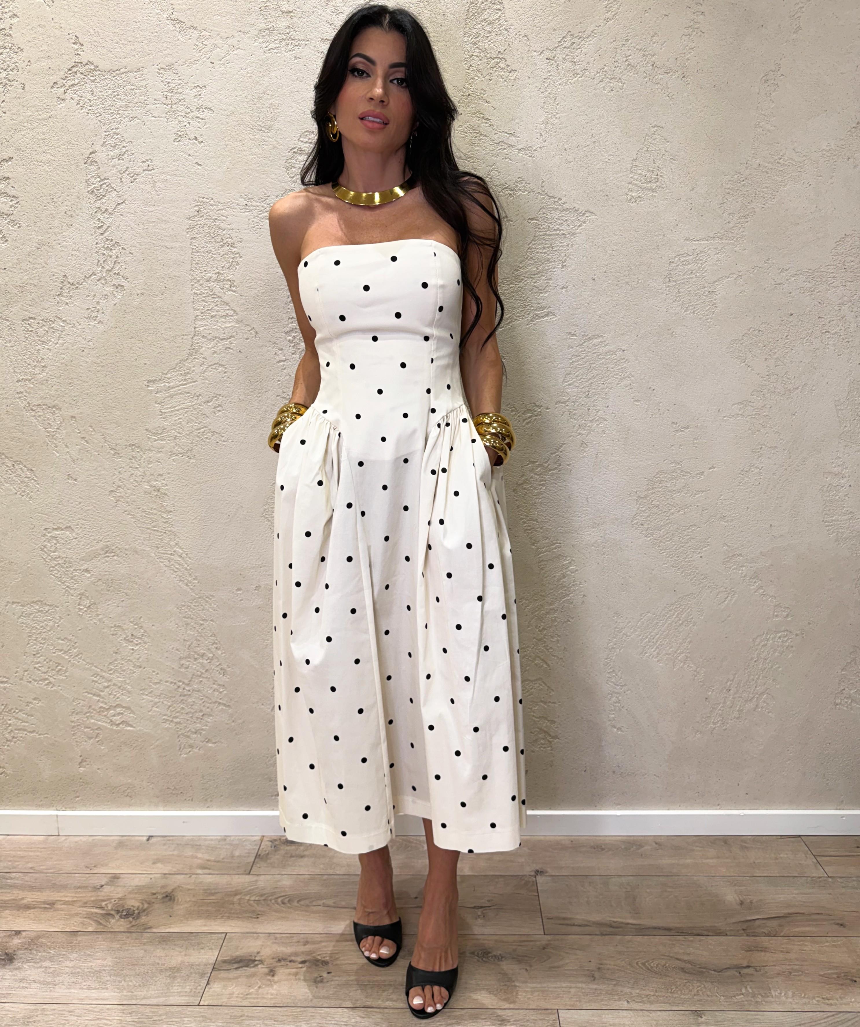 abito midi a pois con scollo dritto AFCOLWJ BURRO/NERO IMPERIAL 