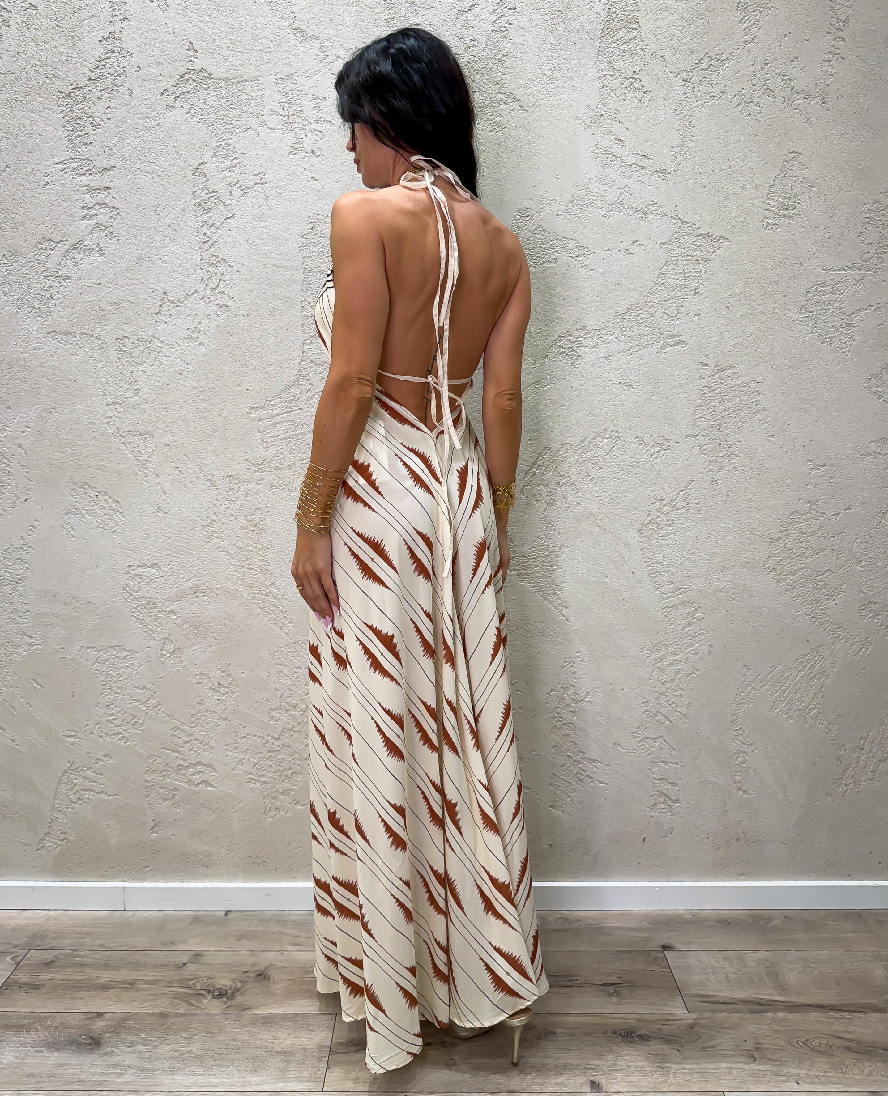 abito midi fantasia con scollo a v e schiena scoperta 100% viscosa AMA-Q263 FANTASIA HAVEONE 