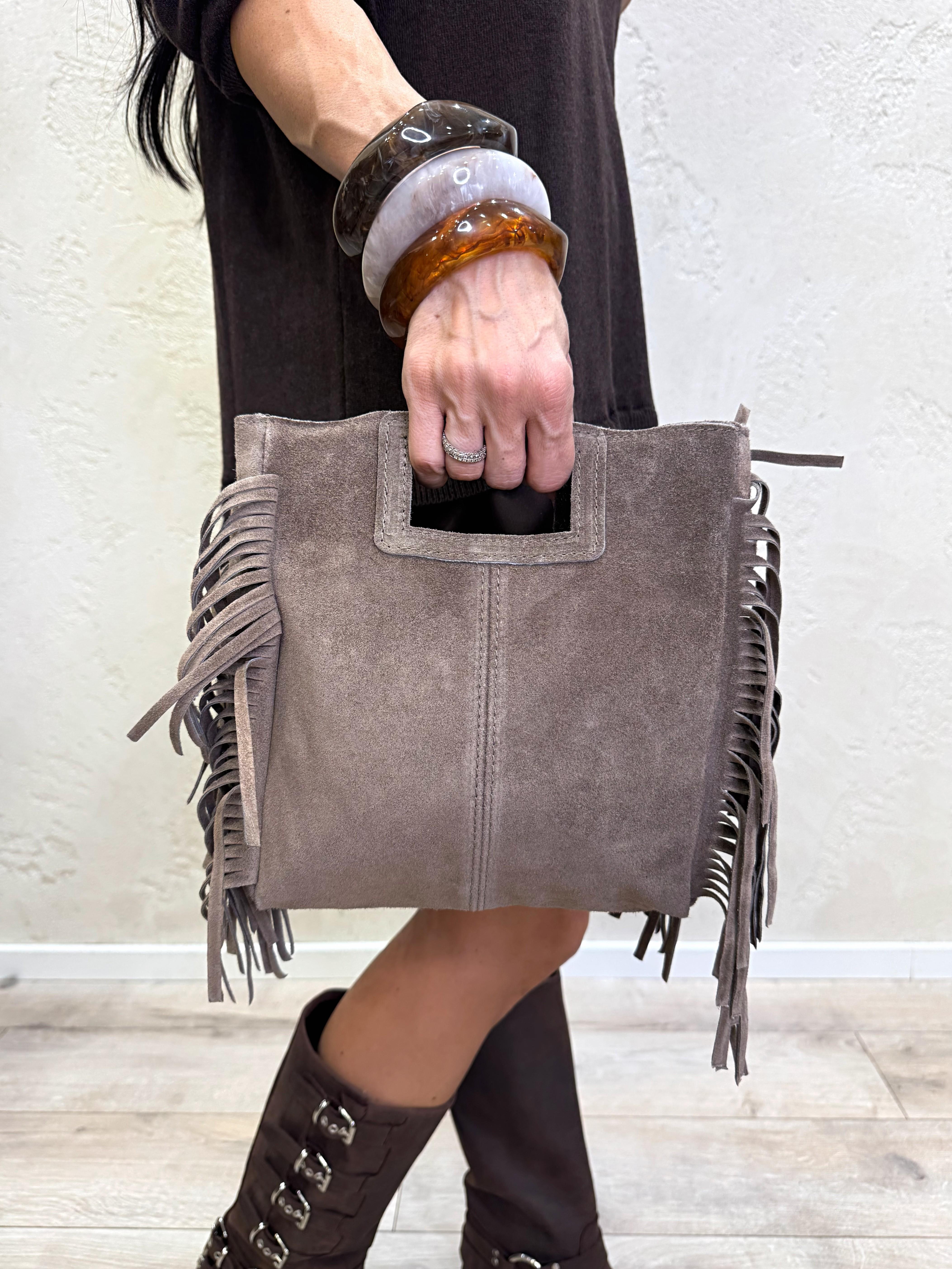 borsa a mano in vera pelle scamosciata con frange WCP-N090 TAUPE HAVEONE 