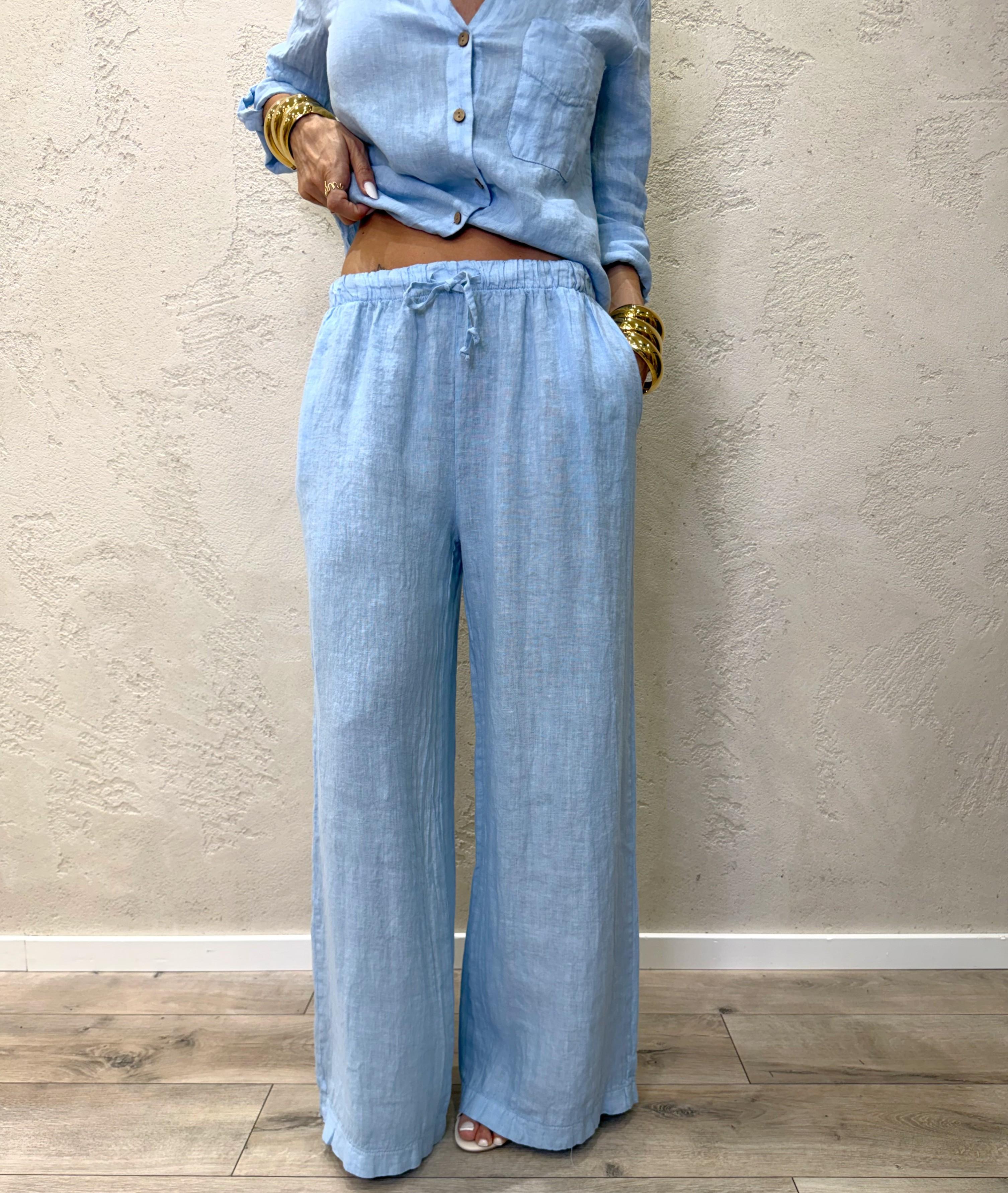 pantalone "ARIA"  a palazzo in 100% lino H5944 CIELO ELEVI 