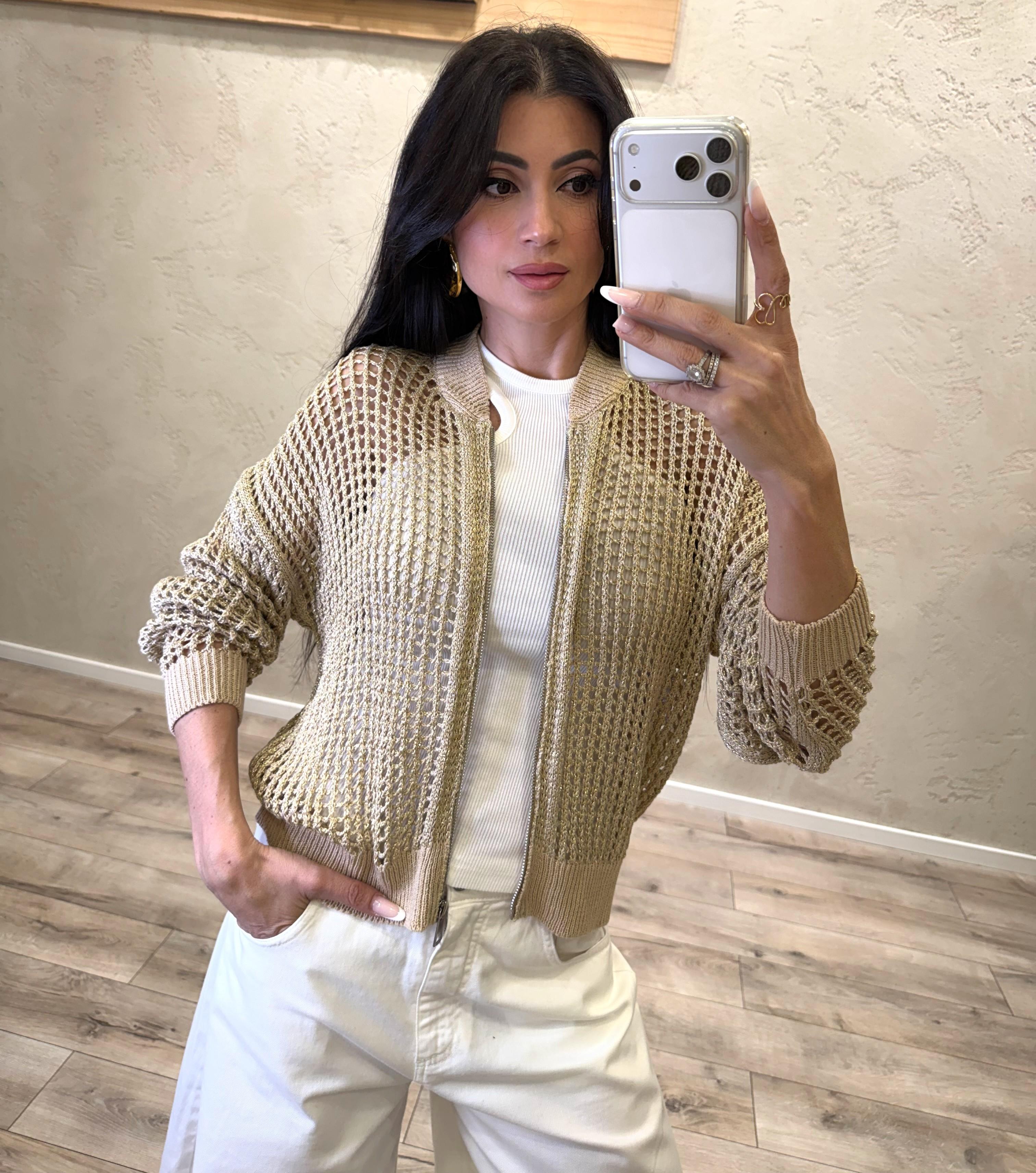 cardigan a bomber in maglia a rete lurex M93060 ORO SUSY MIX 