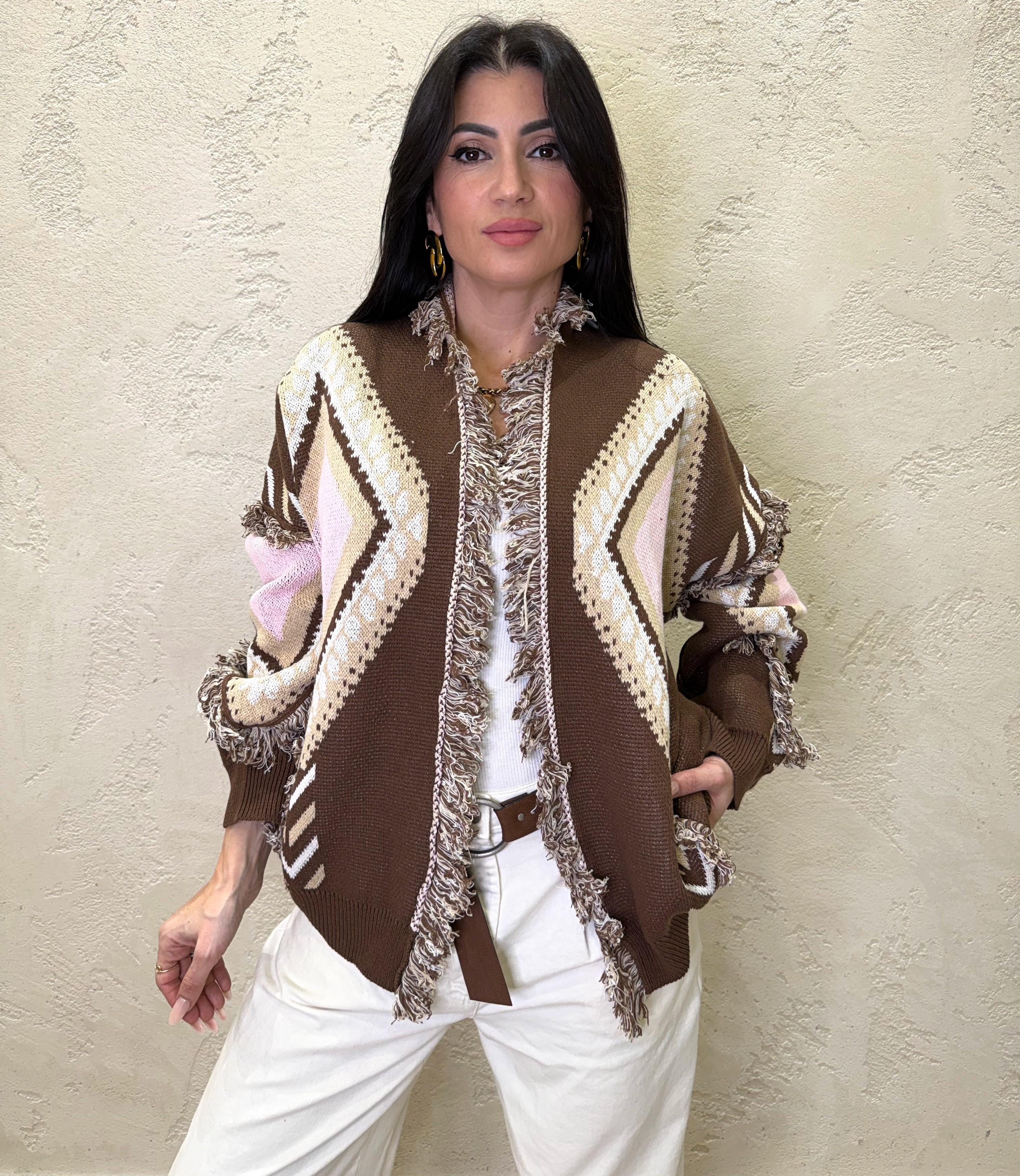 cardigan in maglia aperto con frange P6HMG17A414 CAMEL/ROSA TENSIONE IN 