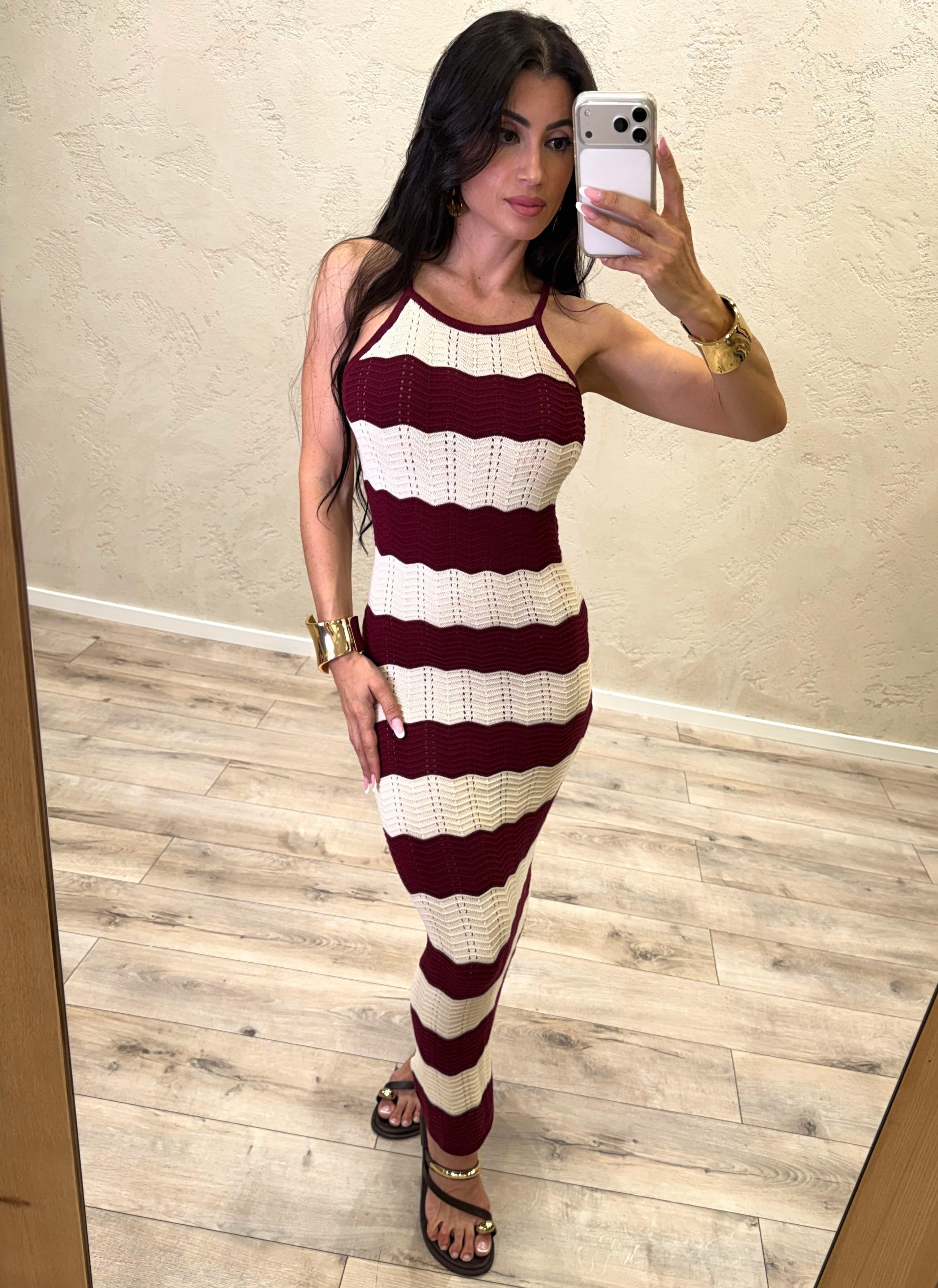 abito lungo in maglia con scollo all'americana a righe 7AB7095 BORDEAUX/PANNA VICOLO 