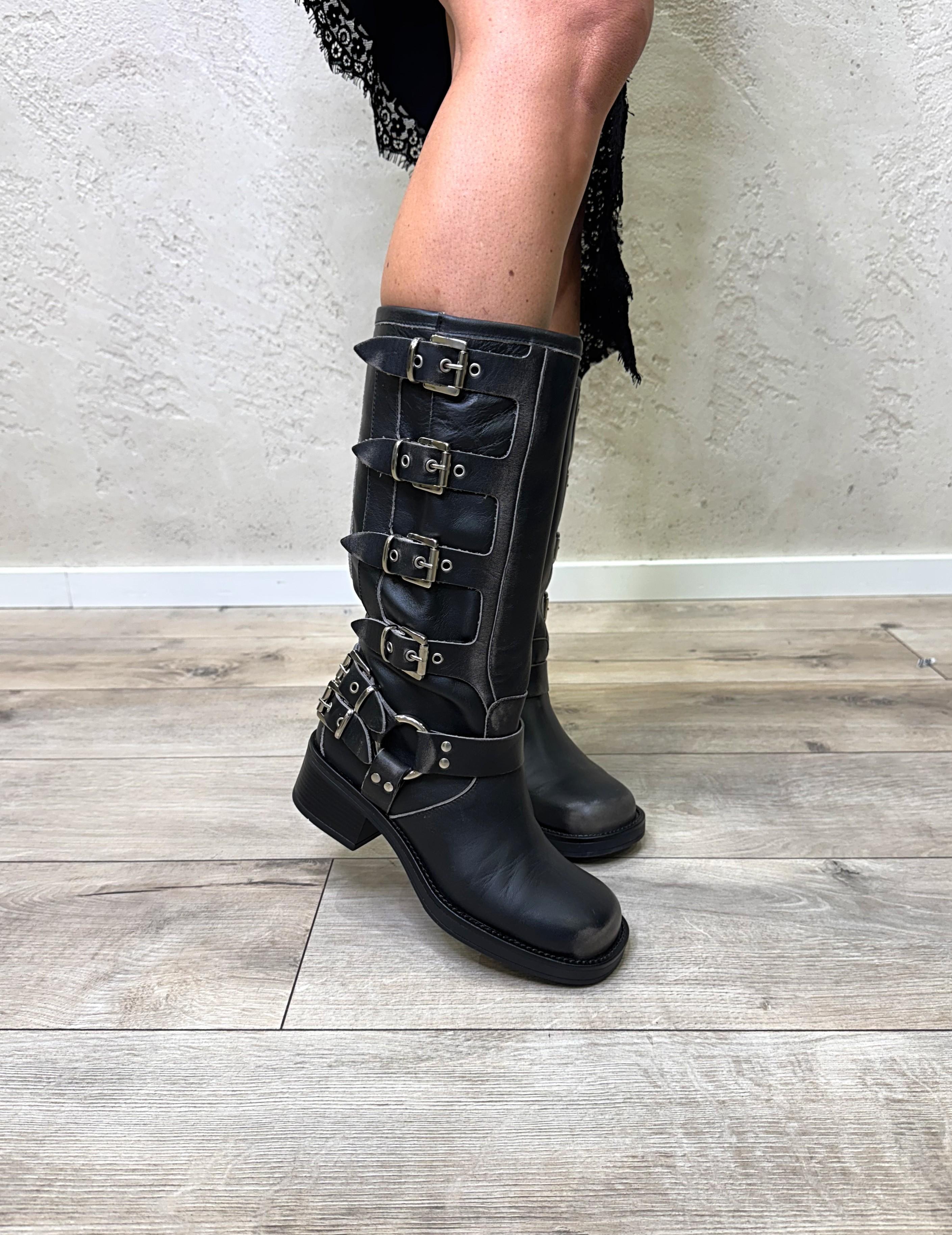 biker in pelle con fibbie AT4200 NERO FUMO OVYE' 