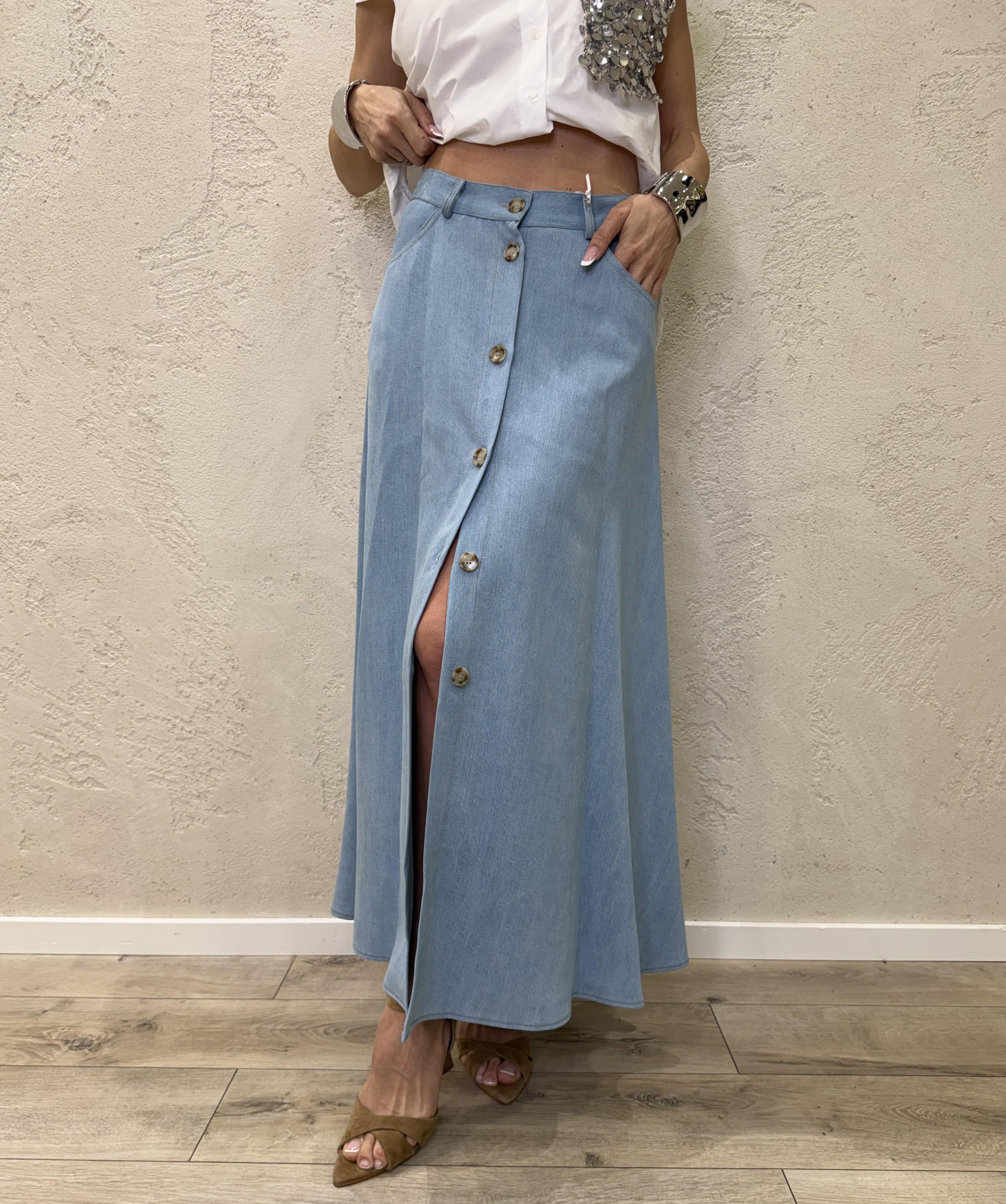 gonna midi in tela chambray con bottoni G9990041V DENIM CHIARO IMPERIAL 