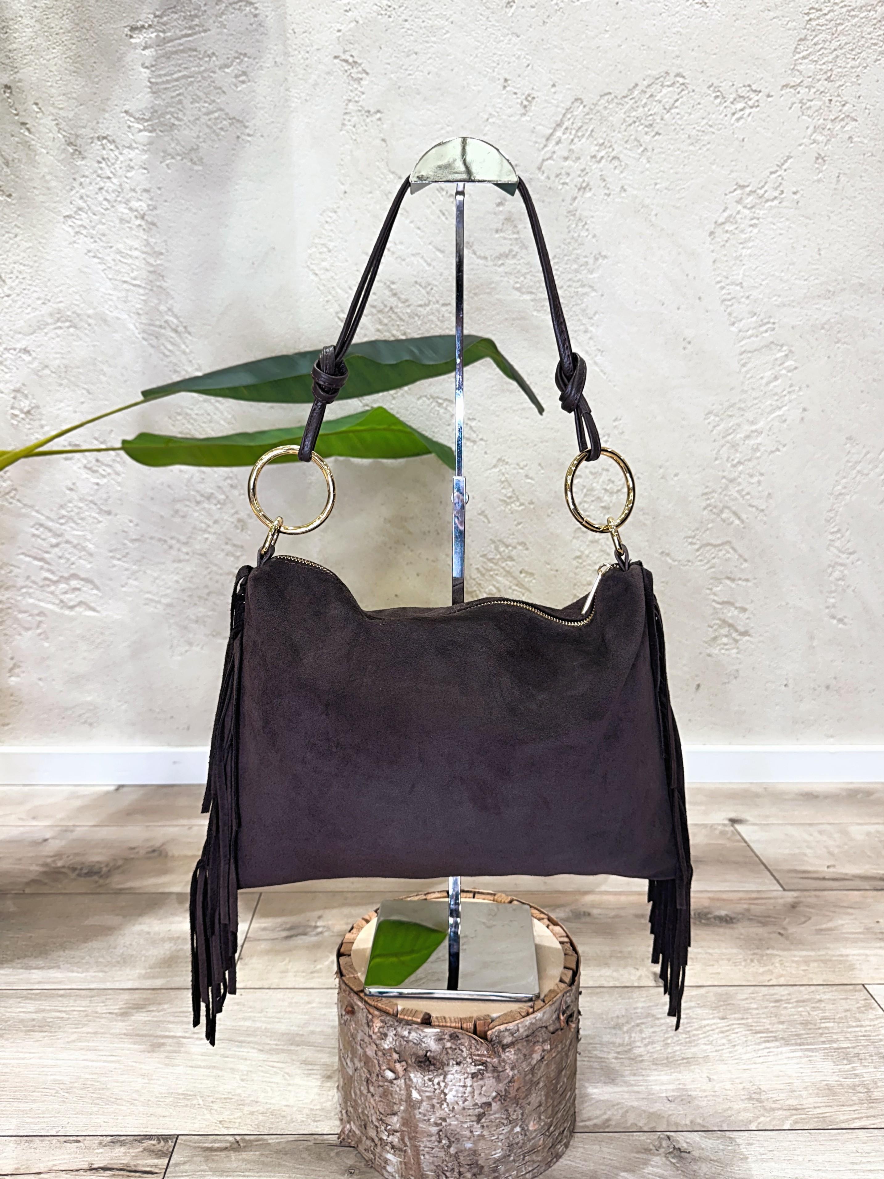 borsa in vera pelle scamosciata con frange BORSCAFRA MORO ELEVI 