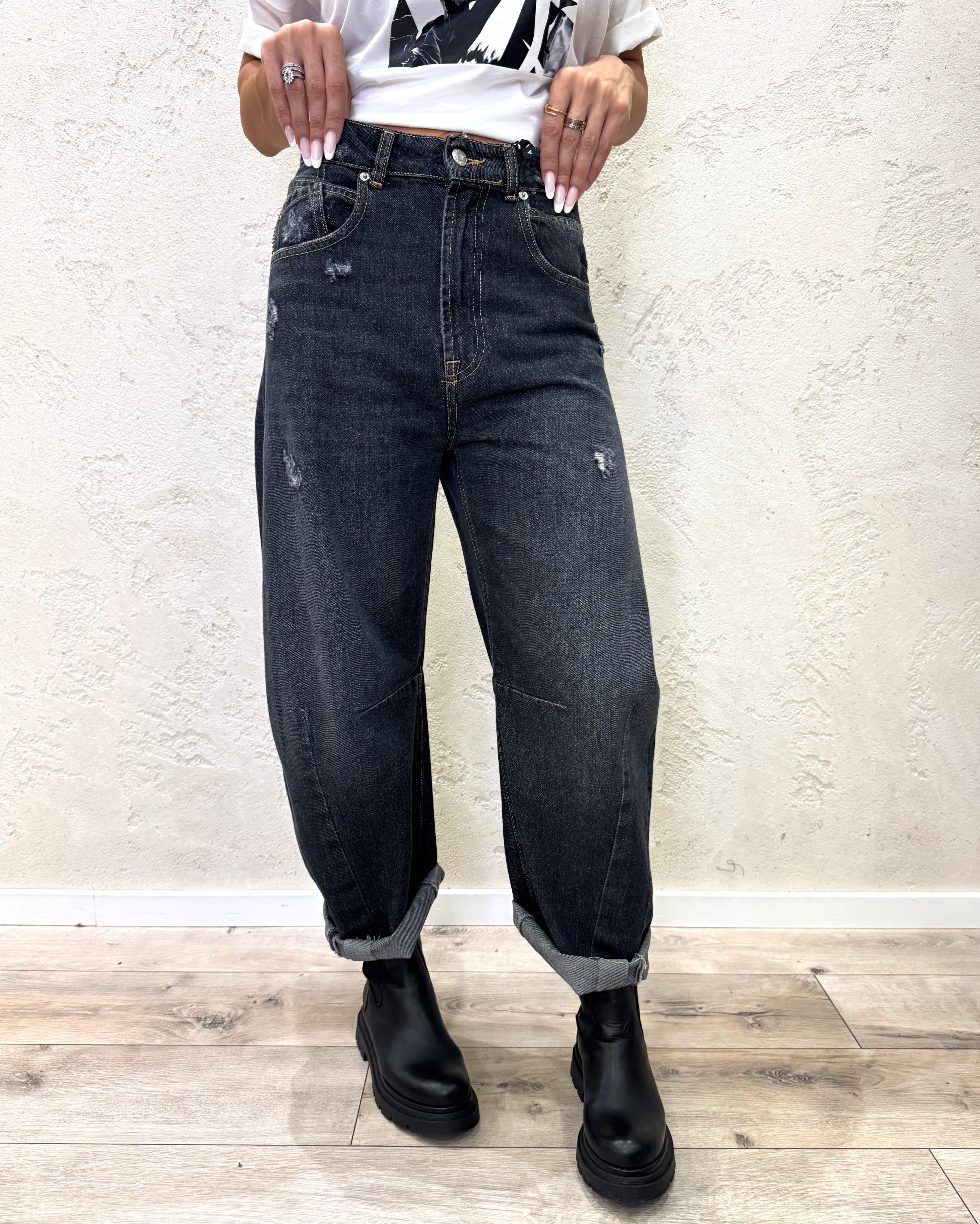 jeans modello barbara a ferro di cavallo con rotture PFA-P047 NEROSLAVATO HAVEONE 