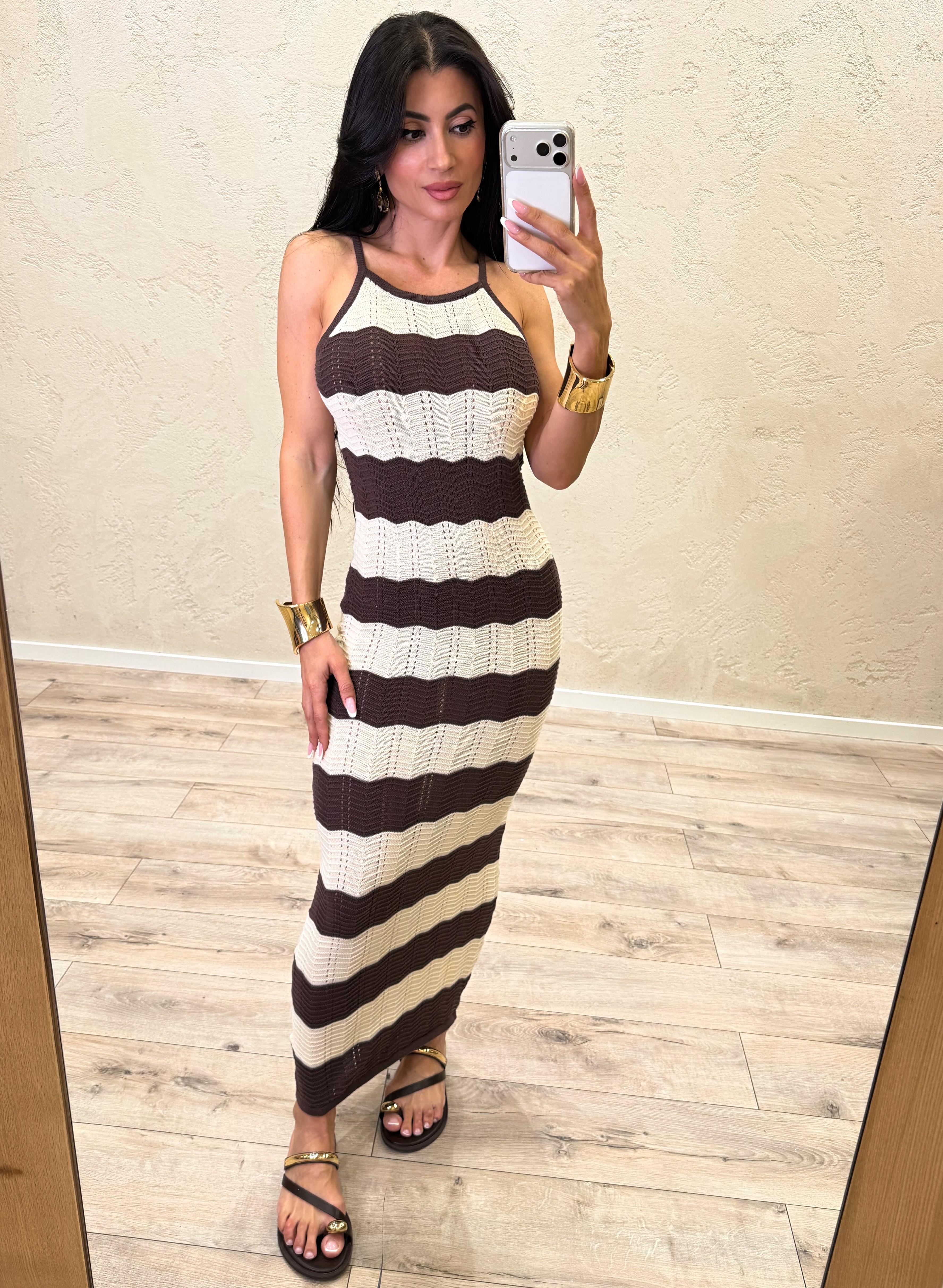 abito lungo in maglia con scollo all'americana a righe 7AB7095 MORO/PANNA VICOLO 