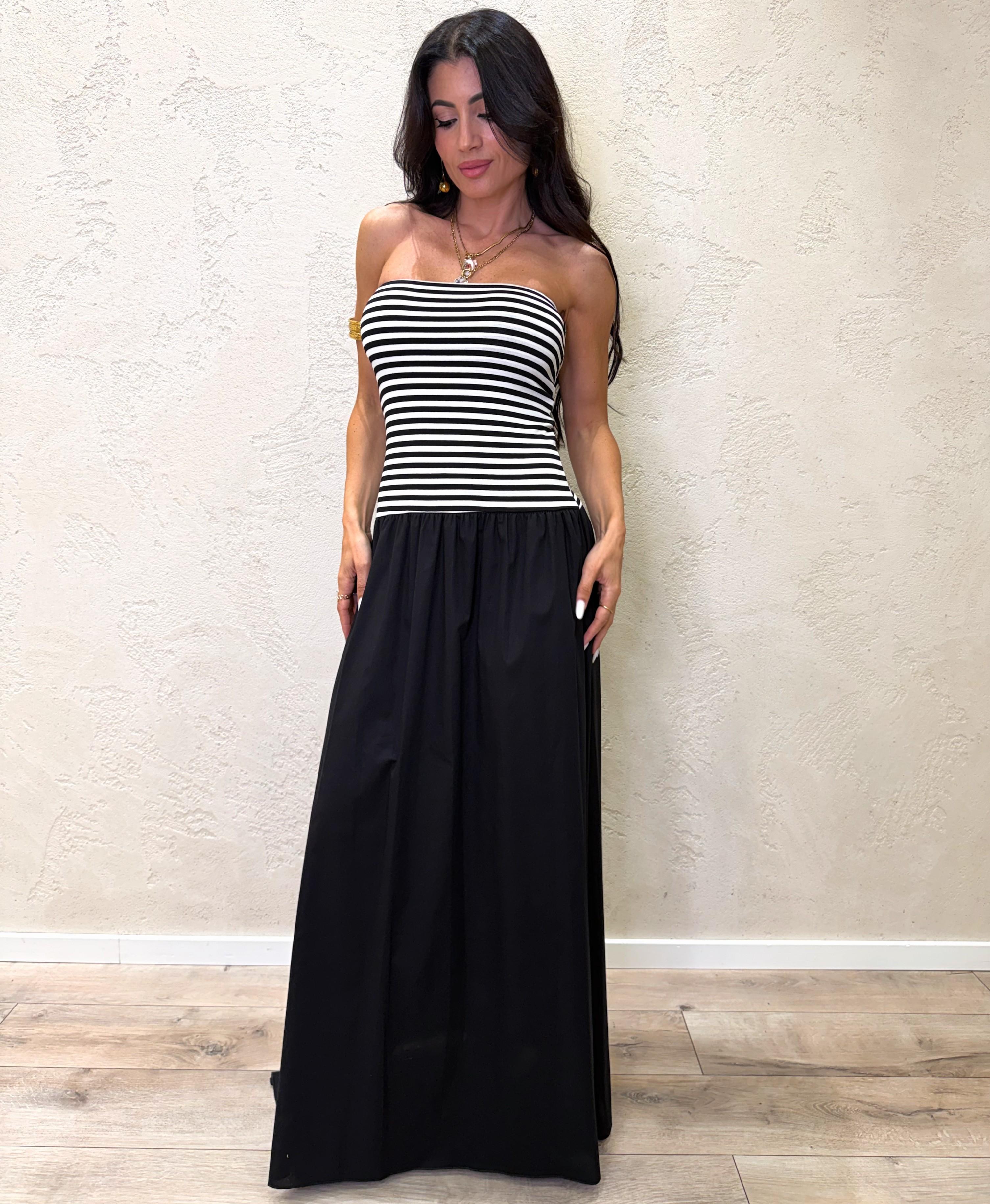 abito lungo scollo dritto in doppio tessuto frantasia a righe B05206 NERO SUSY MIX 