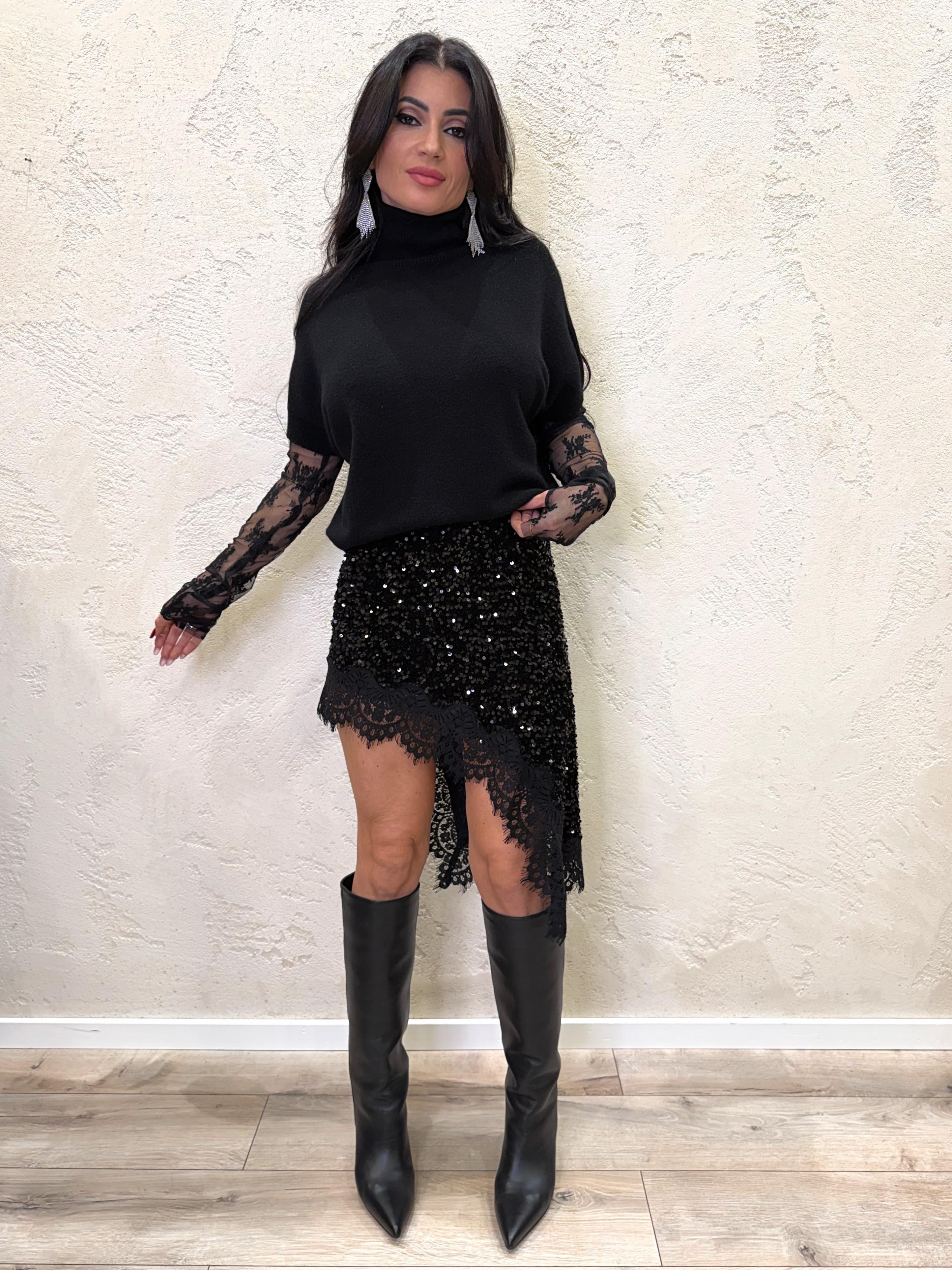 gonna mini asimmetrica in pailette e pizzo W25GC65 NERO MOTEL 