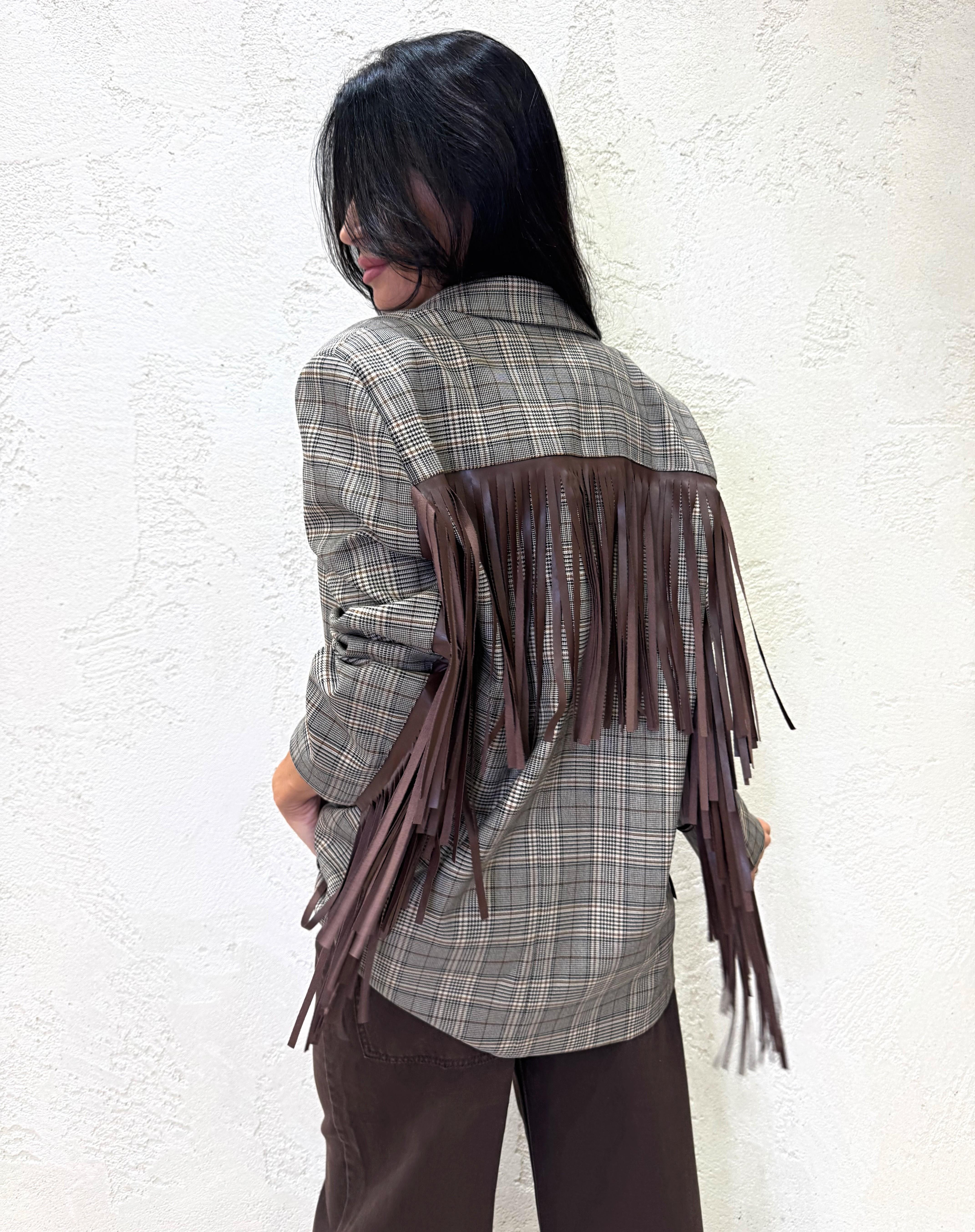 blazer over in check con frange TF0740 MARRONE VICOLO 