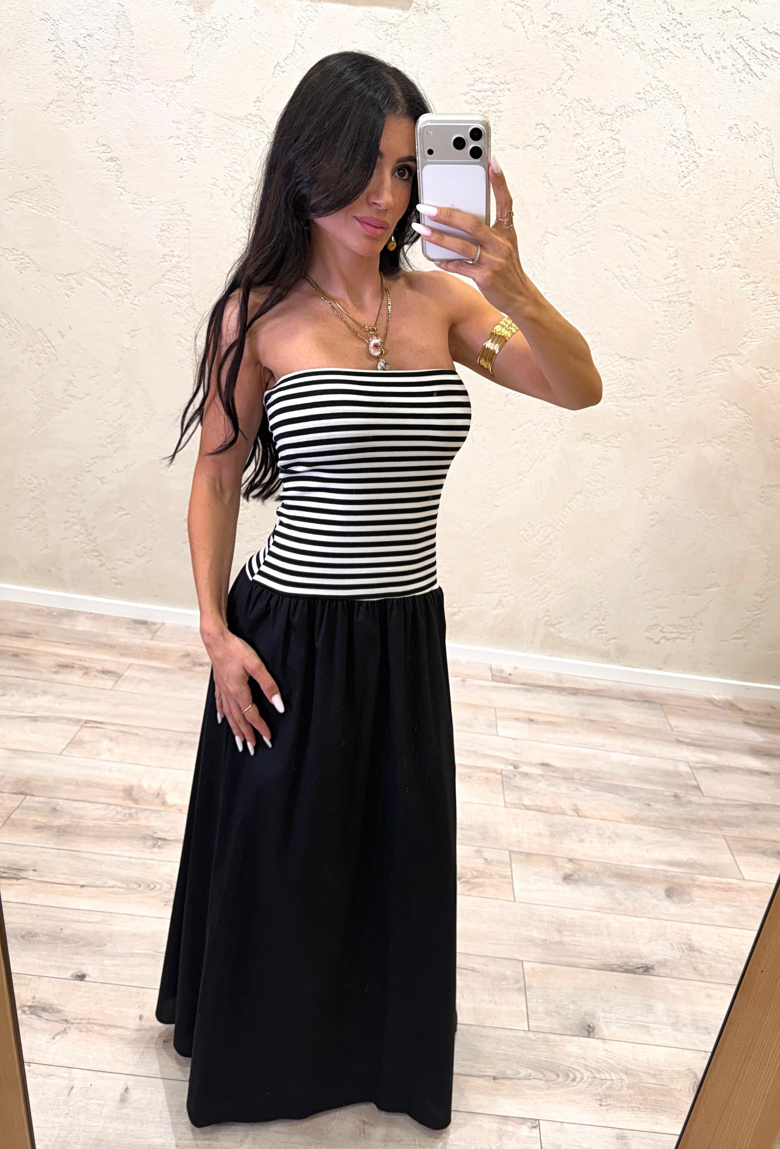 abito lungo scollo dritto in doppio tessuto frantasia a righe B05206 NERO SUSY MIX 