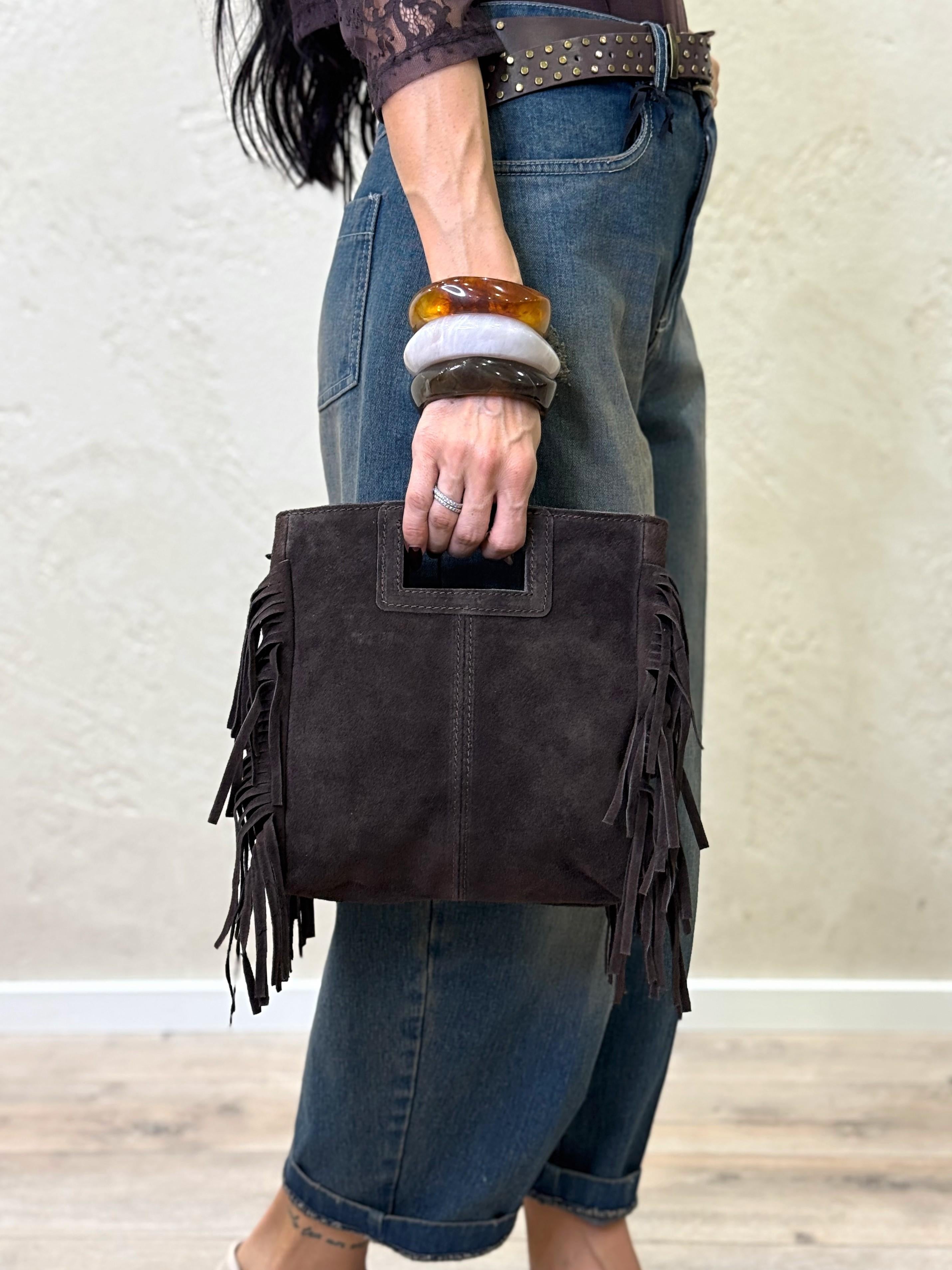 borsa a mano in vera pelle scamosciata con frange WCP-N090 MORO HAVEONE 