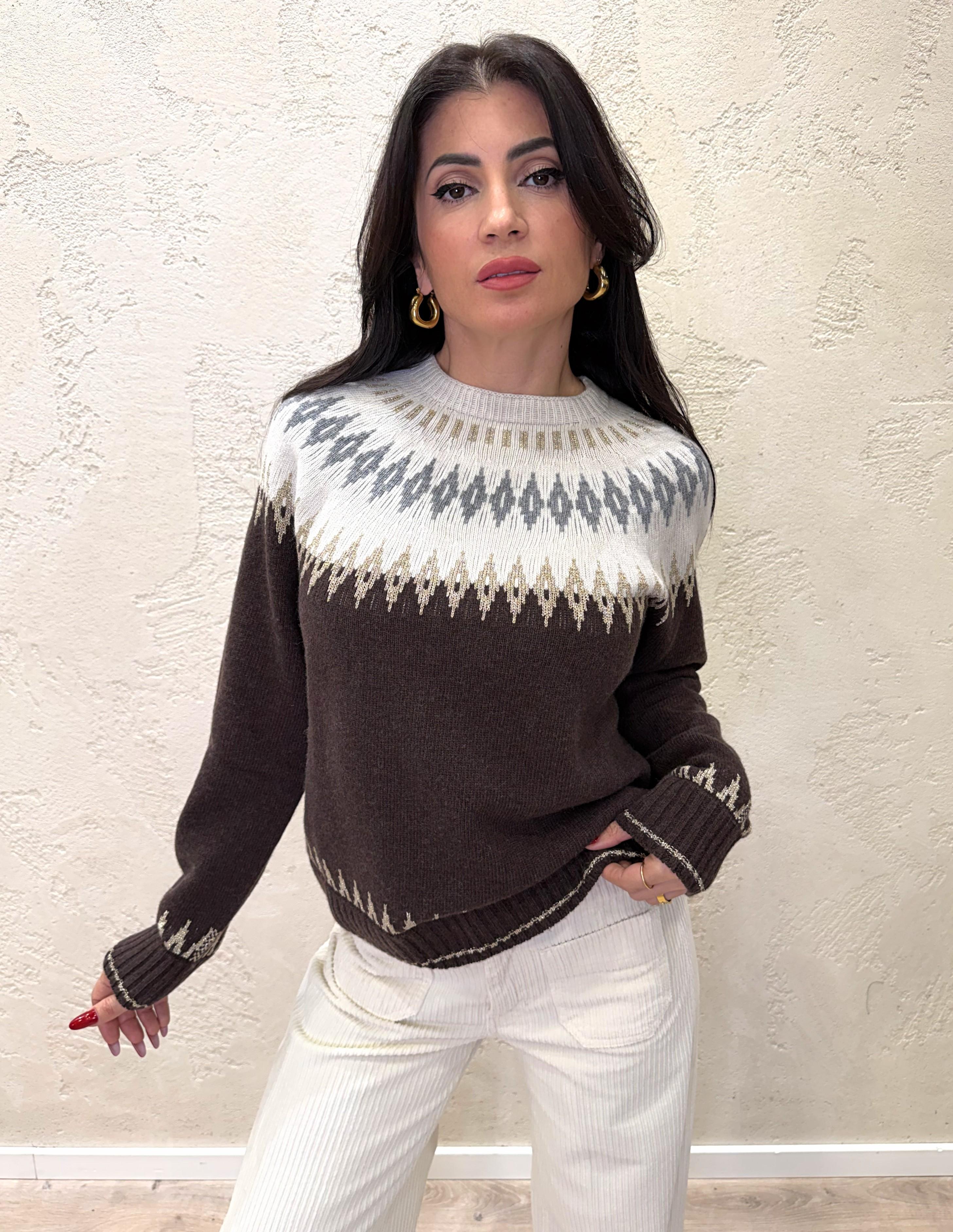 pull misto lana e chasmere jacquard D78963 MORO/PANNA TENSIONE IN 