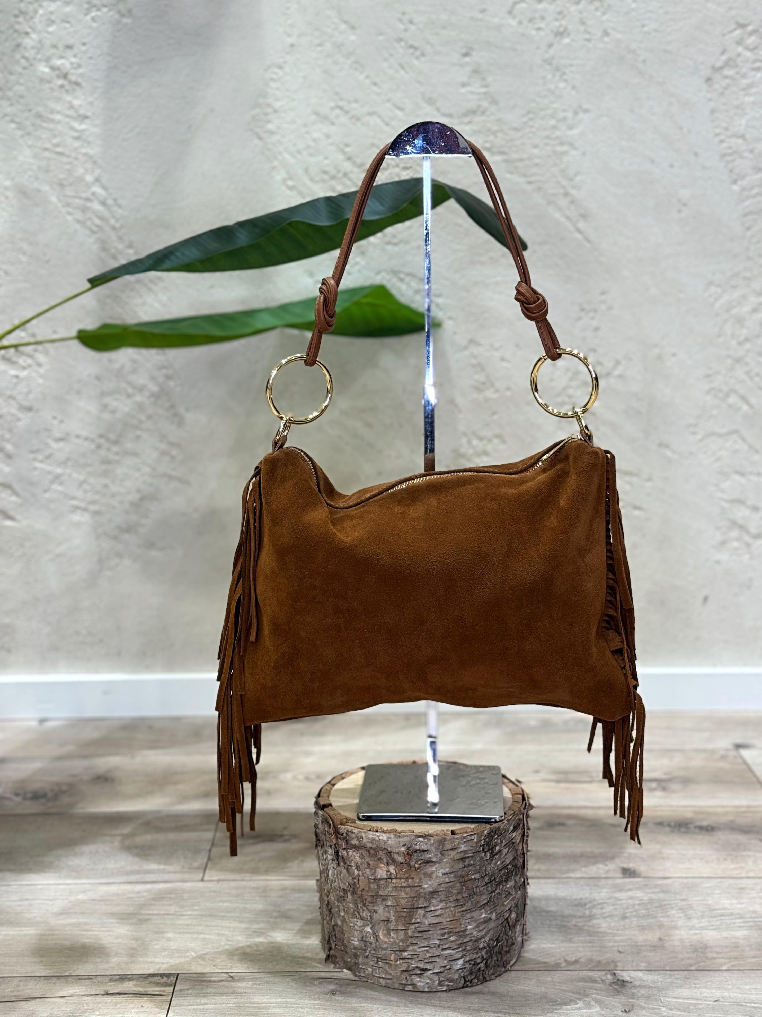 borsa in vera pelle scamosciata con frange BORSCAFRA TABACCO ELEVI 