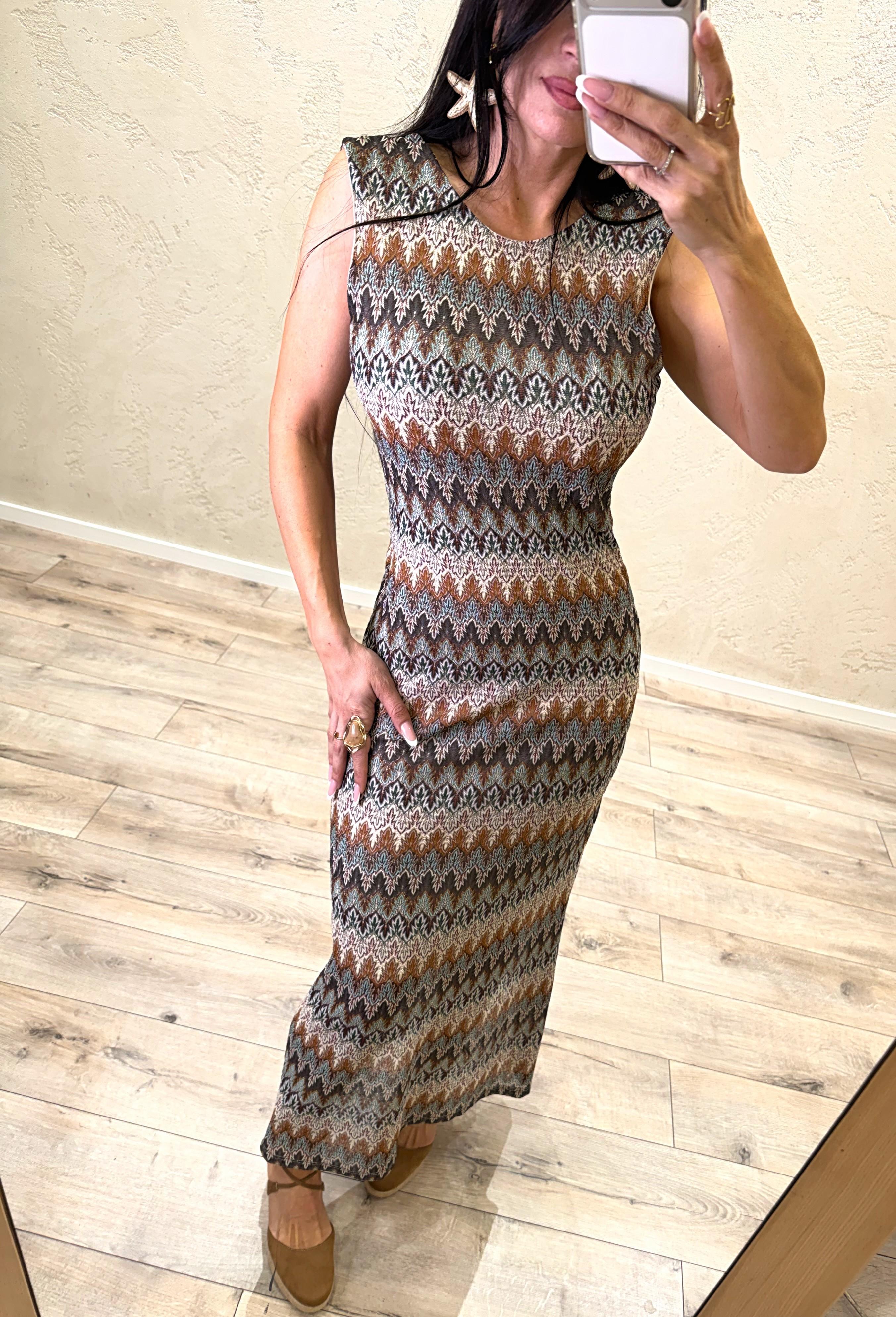 abito lungo in fantasia missoni con schiena scoperta C73726 CELESTE SUSY MIX 