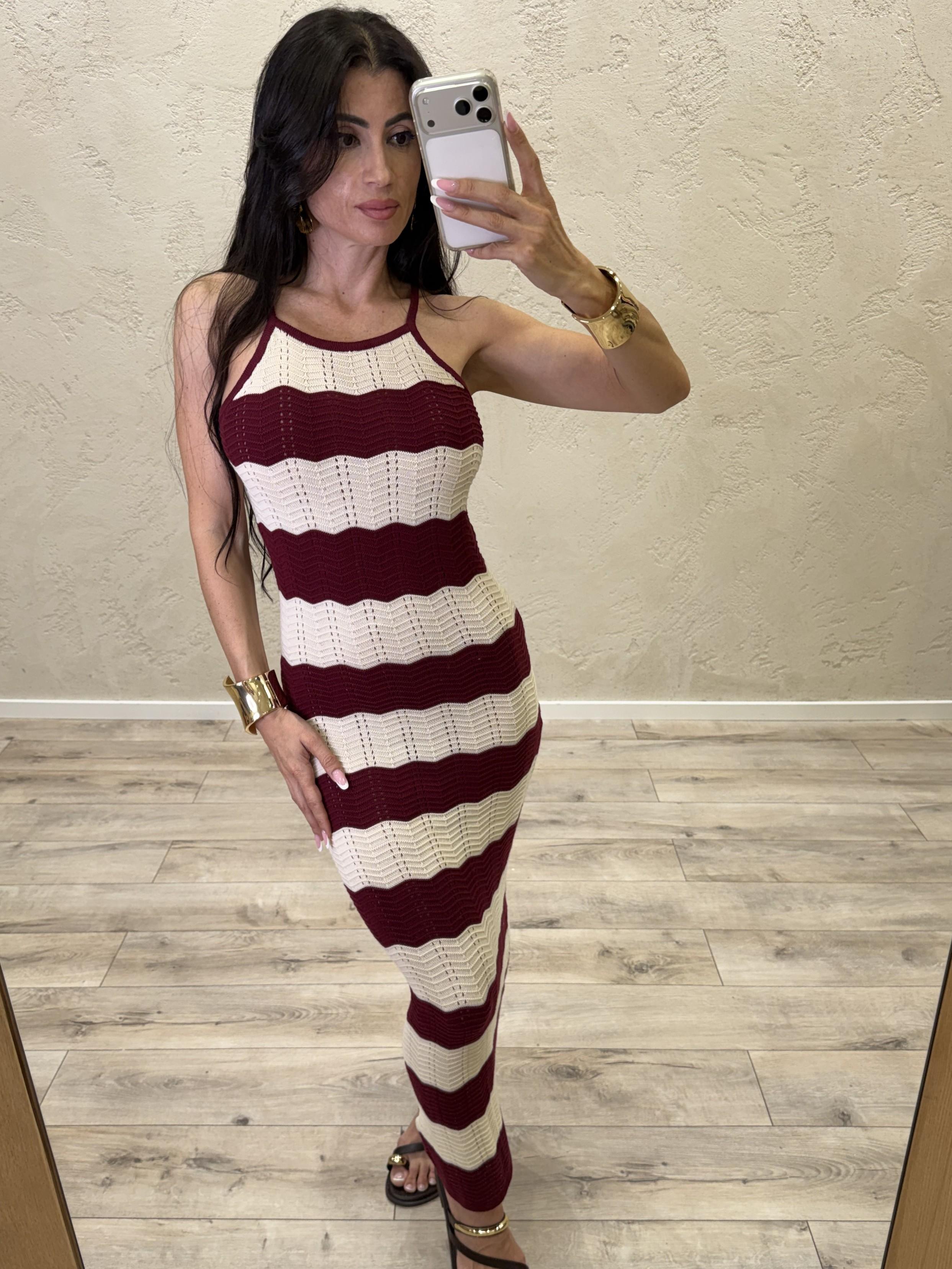 abito lungo in maglia con scollo all'americana a righe TAB7095 BORDEAUX/PANNA VICOLO 