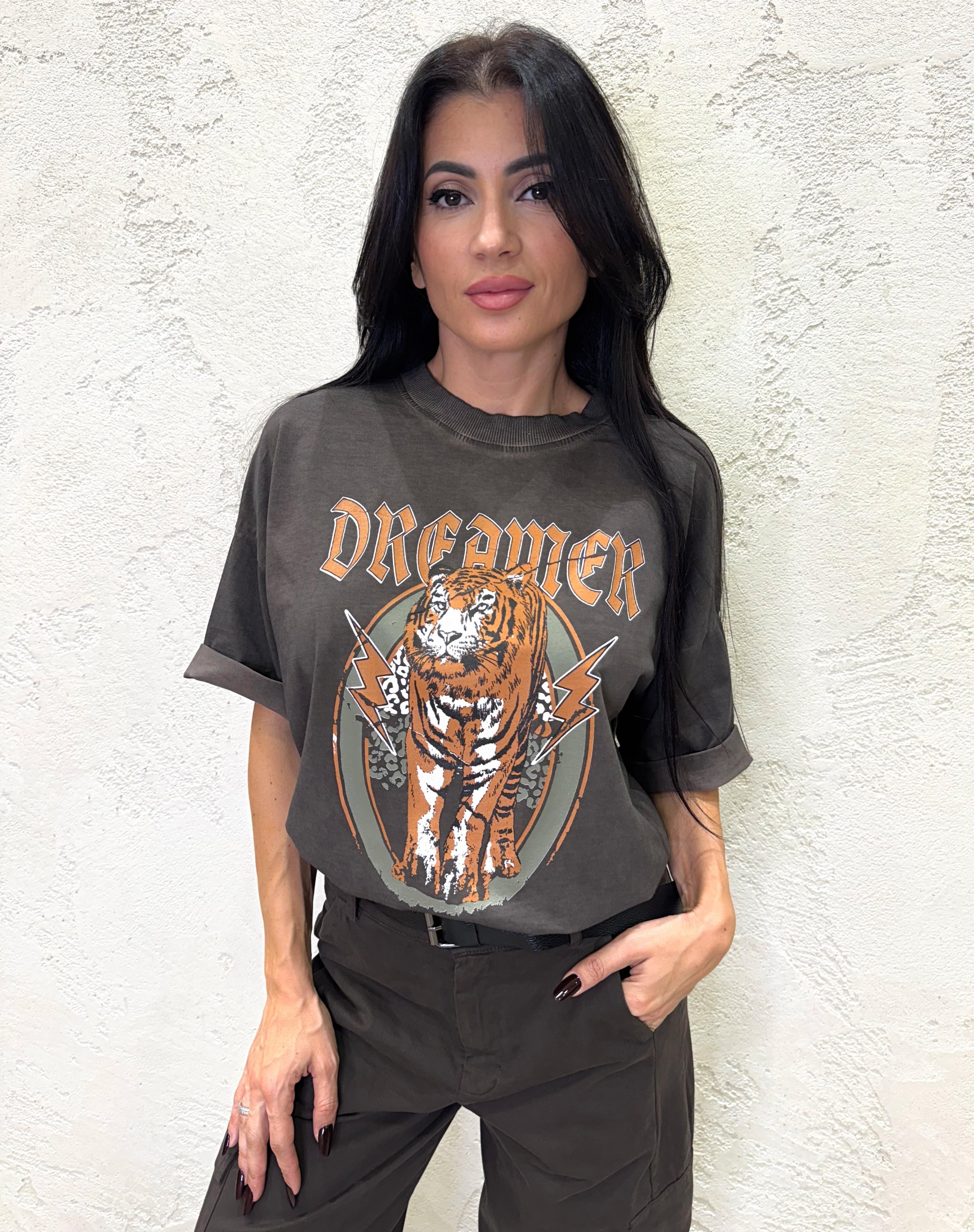t-shirt over elasticizzata con stampa tigre vintage TFW-P011 MARRONE HAVEONE 