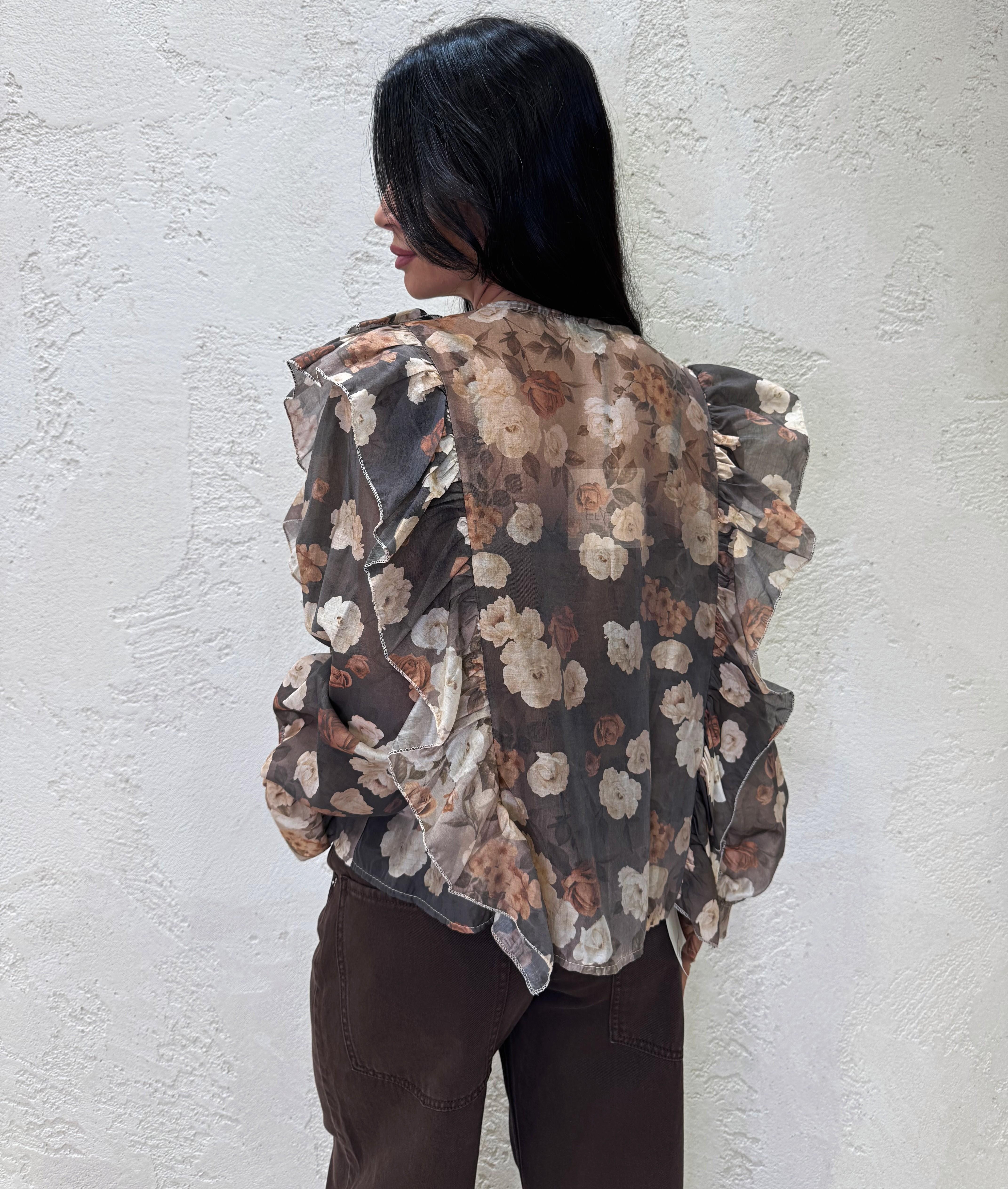 blusa floreale con rouches e laccetti CAMIFIO MORO ELEVI 
