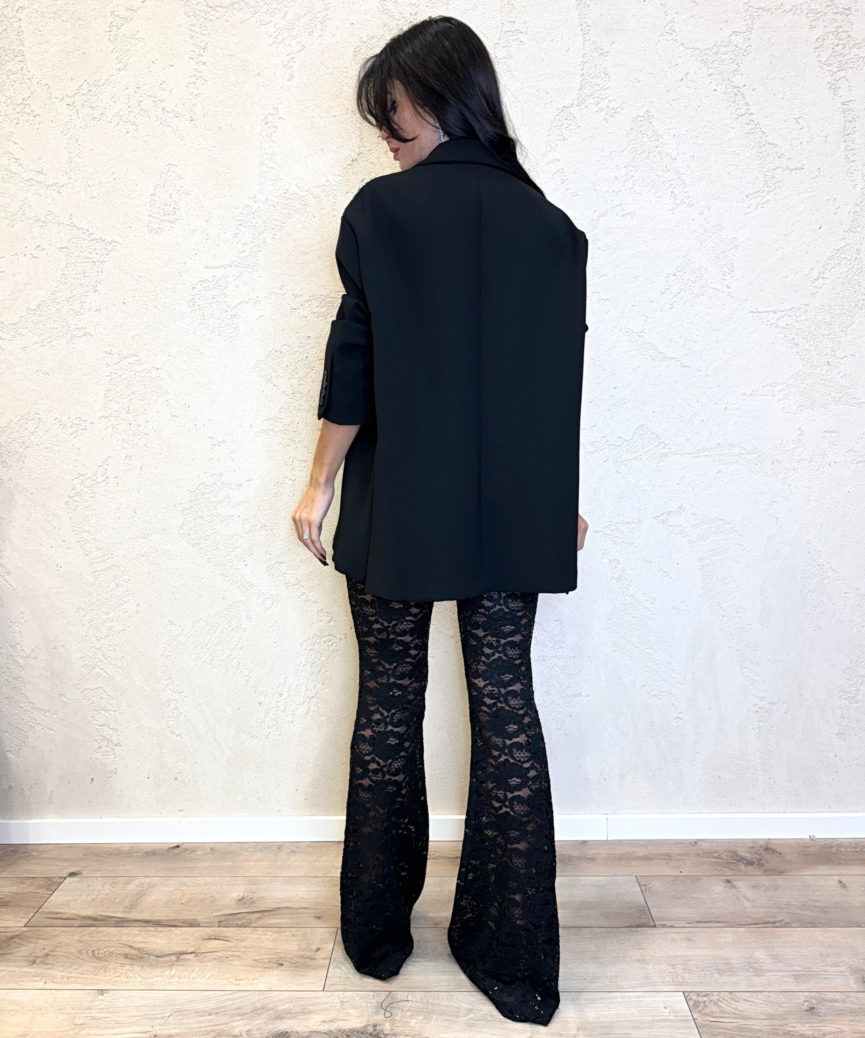 pantaloni a zampa in pizzo e paillettes TS1417 NERO VICOLO 