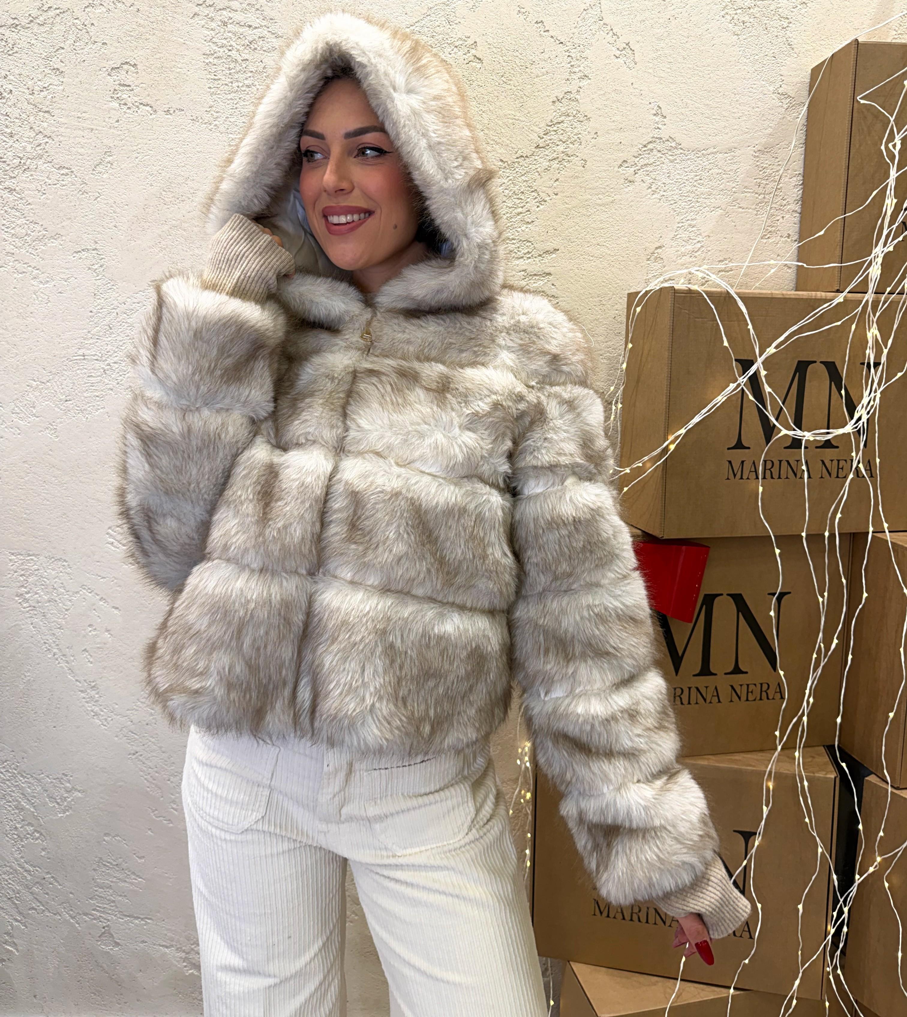 pelliccia corta con inserti ecopelle PCAPZIP NATURALE ELEVI 